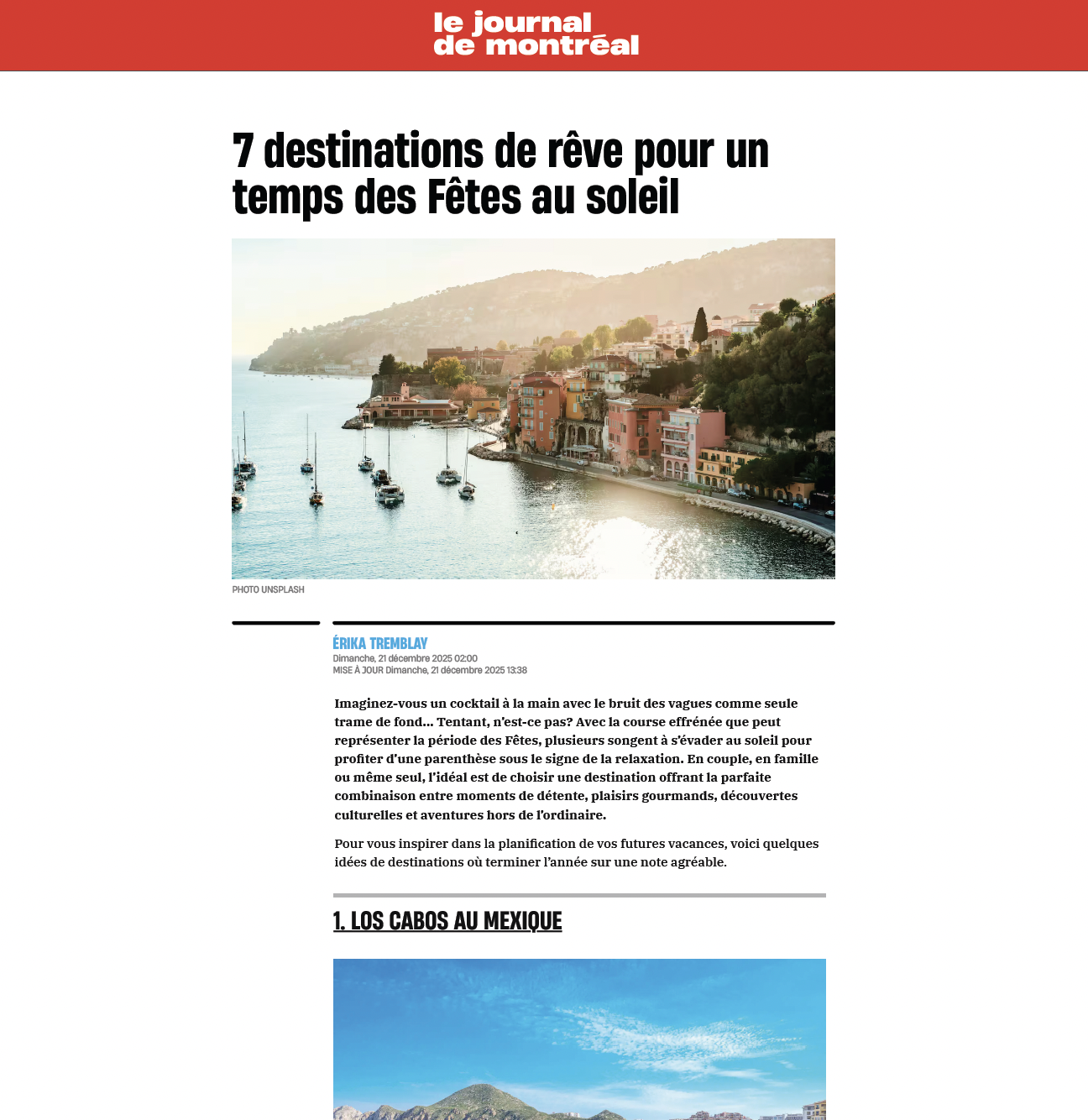 Le Journal de Montréal: 7 destinations de rêve pour un temps des Fêtes au soleil