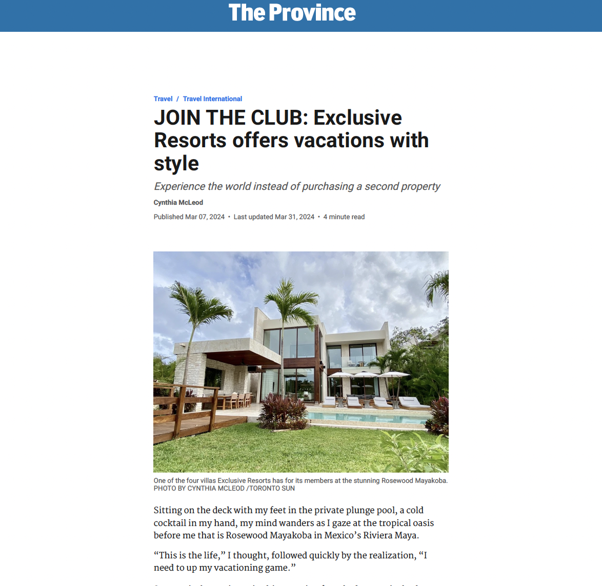 The Province: JOIN THE CLUB: Exclusive Resorts offers vacations with style