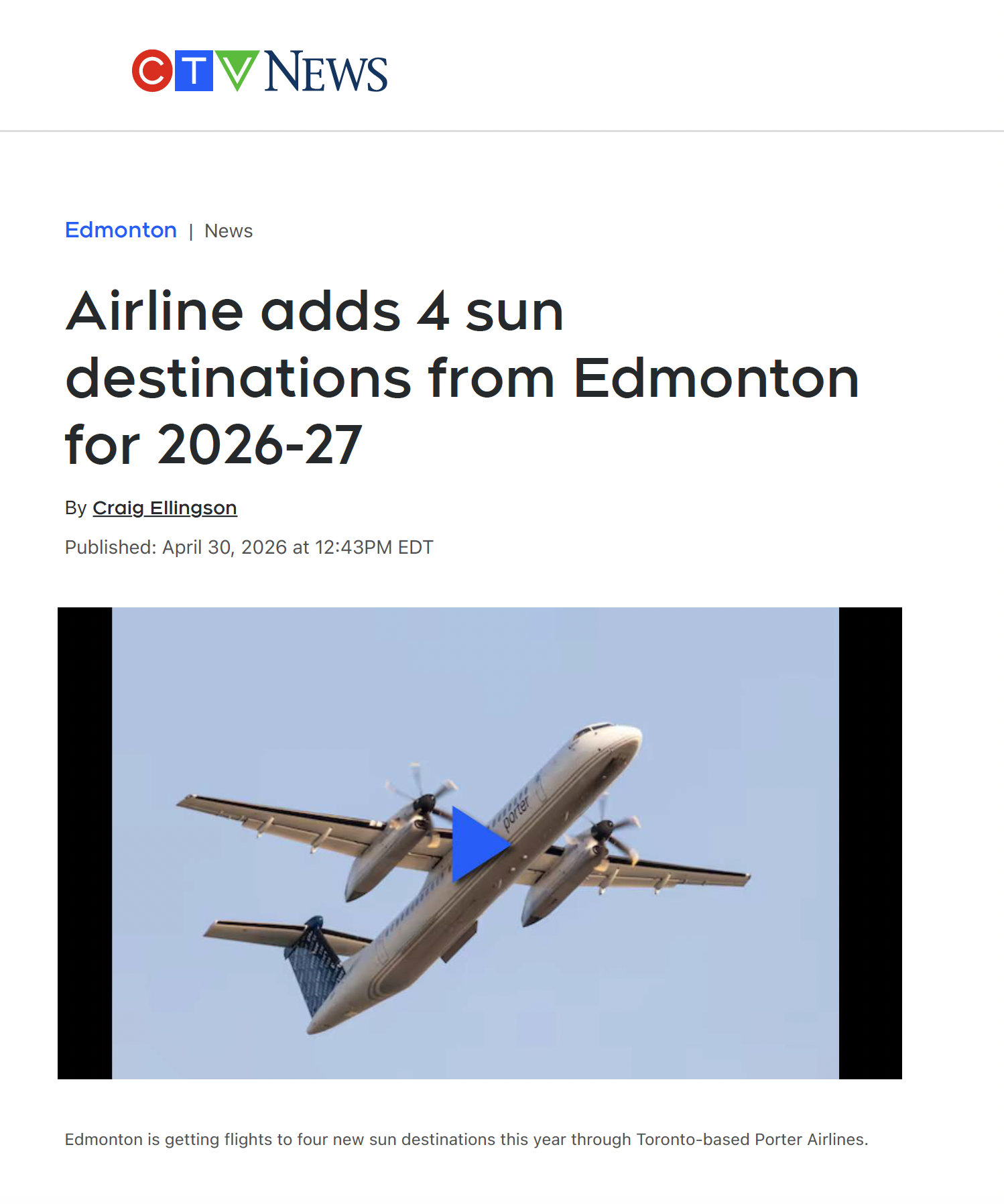 CTV News Edmonton : Airline adds 4 sun destinations from Edmonton for 2026-27