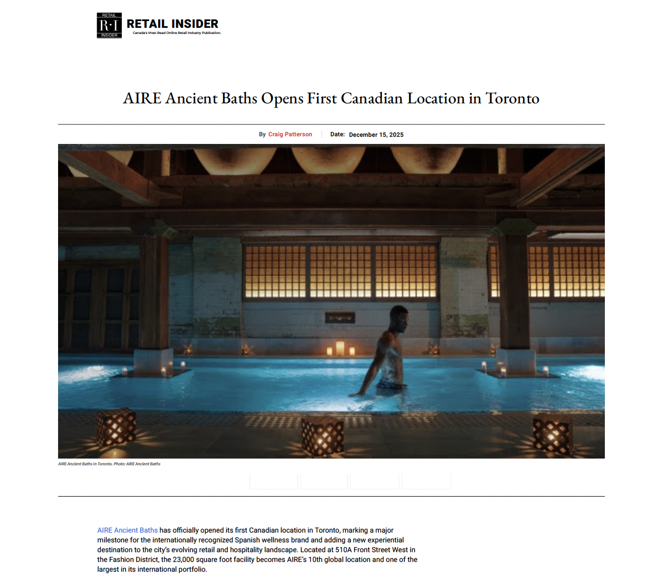 Retail Insider: AIRE Ancient Baths Opens First Canadian Location in Toronto