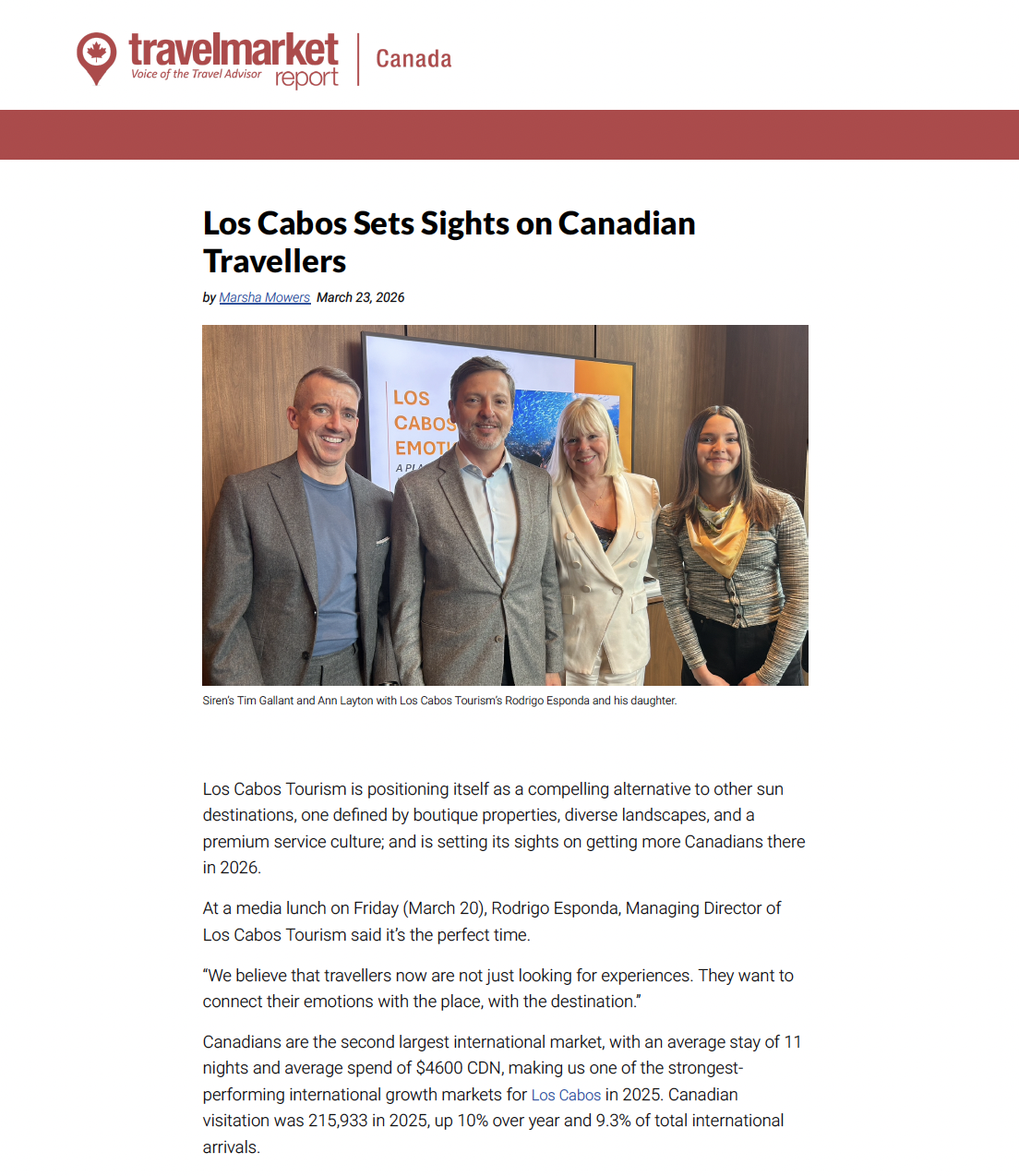 Travel Market Report Canada: Unique Experiences and More Air Lift: Los Cabos Sets Sights on Canadian Travellers