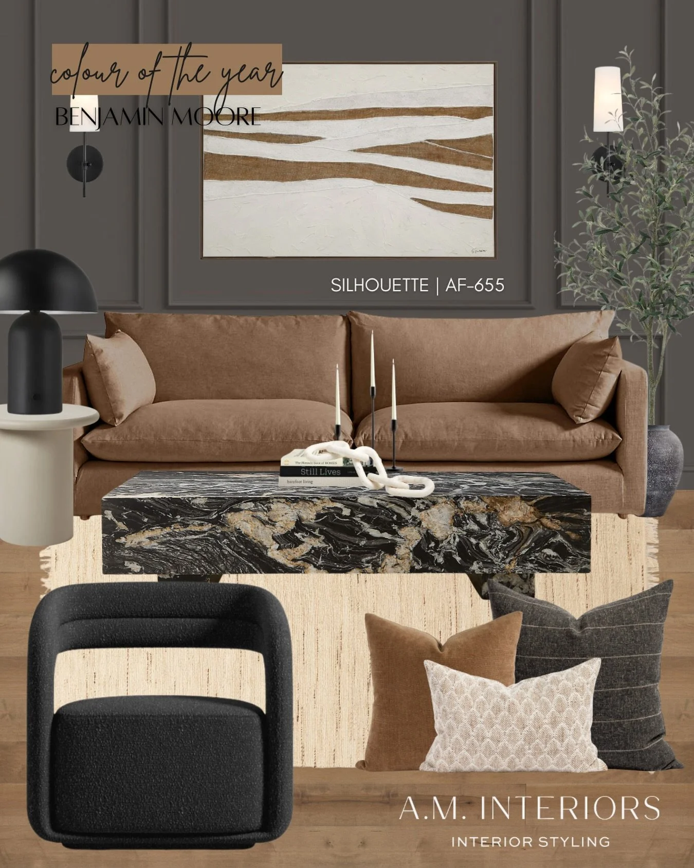 Benjamin Moore&rsquo;s Colour of the Year is giving us all the rich, moody, and timeless vibes 🤎 This palette leans into layered neutrals, warm browns, bold stone detailing, and intentional texture to create a space that feels grounded, elevated, an