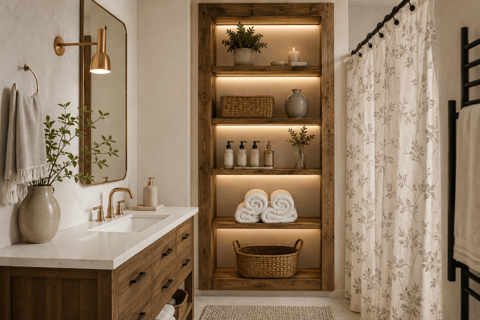 Warm luxury bathroom featuring custom built-in wood shelving, rolled white towels, soft neutral decor, and spa-inspired styling in a thoughtfully designed small bathroom.