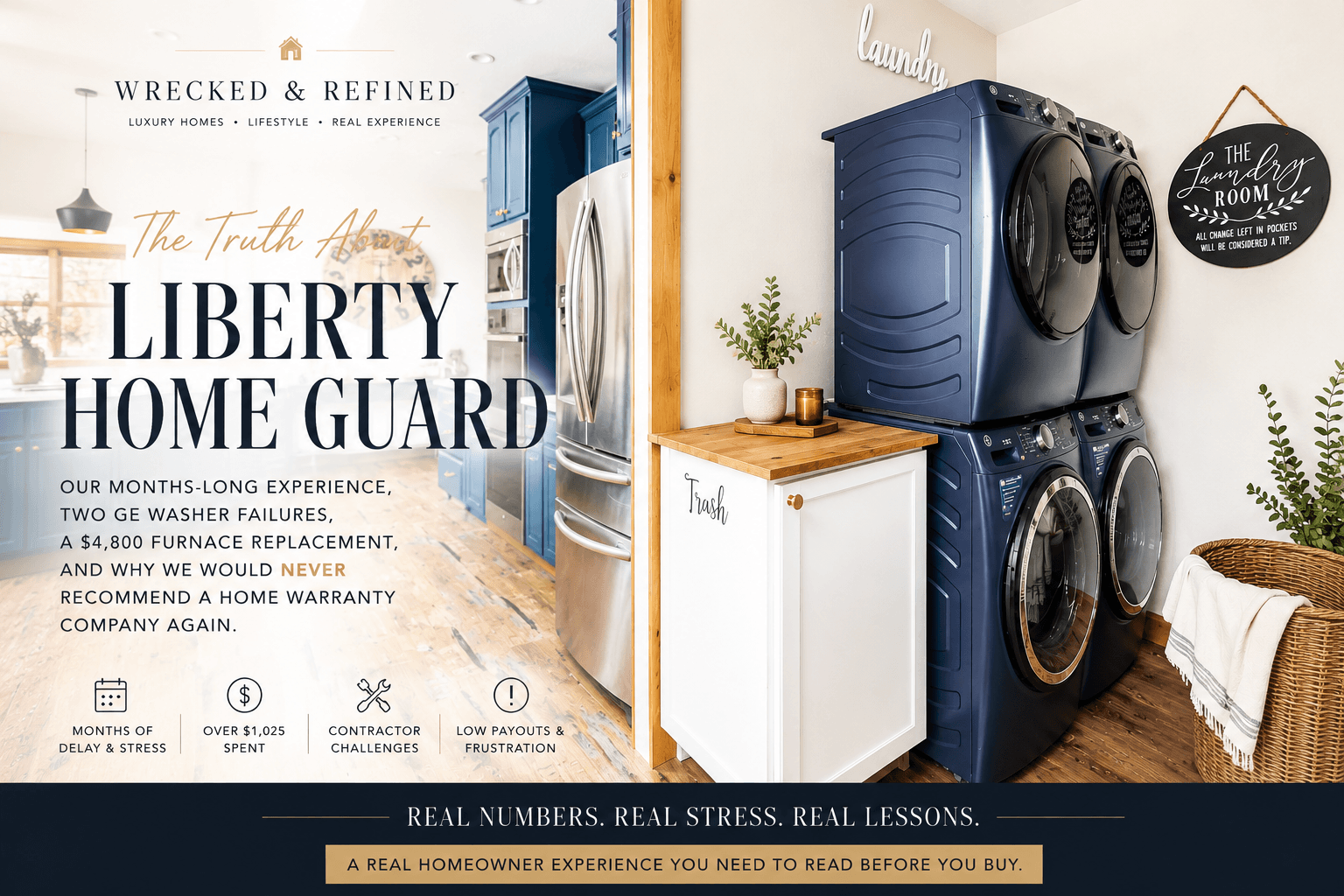 Luxury home laundry room with stacked GE washer and dryer units featured in a real Liberty Home Guard review documenting months of claim delays, low payouts, furnace replacement costs, and homeowner frustrations.