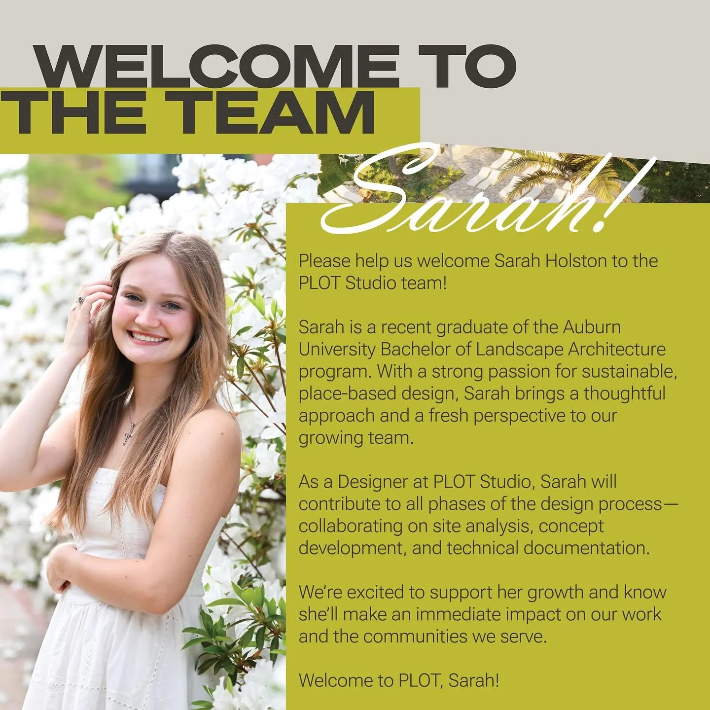 We&rsquo;re thrilled to have Sarah join the PLOT Studio team and we&rsquo;re excited to see the impact she&rsquo;ll have on our work!
