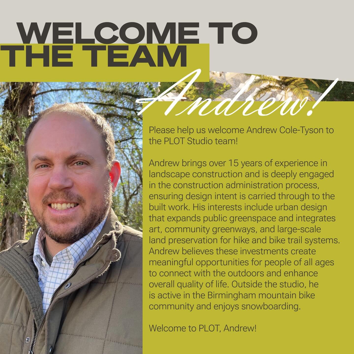 Welcome to the PLOT team, Andrew! We&rsquo;re excited to see your skills and knowledge contribute to the Studio!

https://www.plotstudiola.com/team
