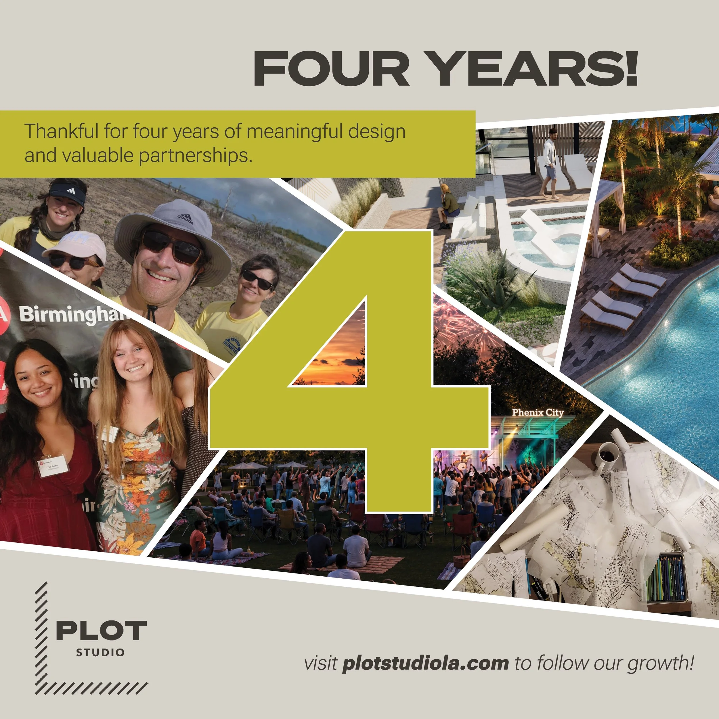PLOT Studio is 4 today! Four years of ideas,sketches, site walks, deadlines, celebrations, and places taking shape. These images capture a small part of that work, from concept to construction (+ lots of fun along the way!) We are grateful for every 