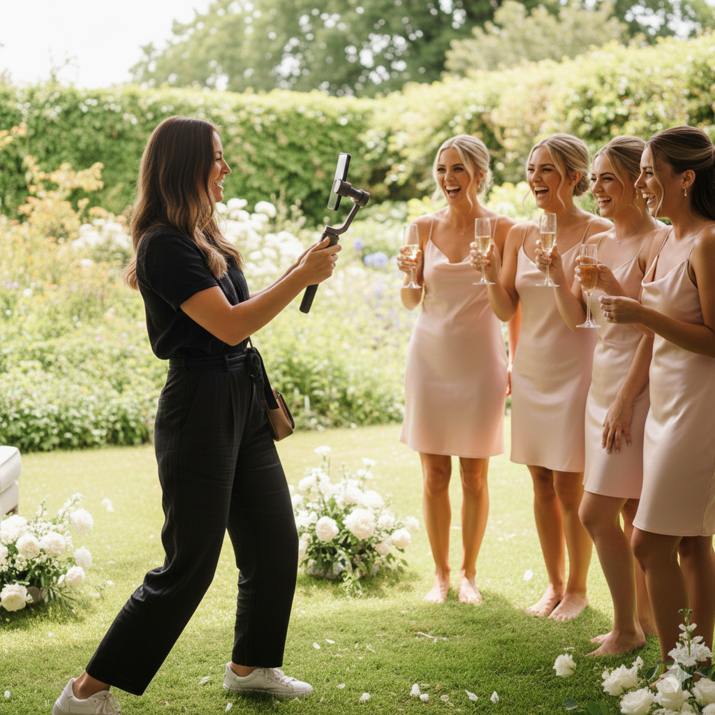Wedding content creator filming vertical video at Orange County wedding venue
