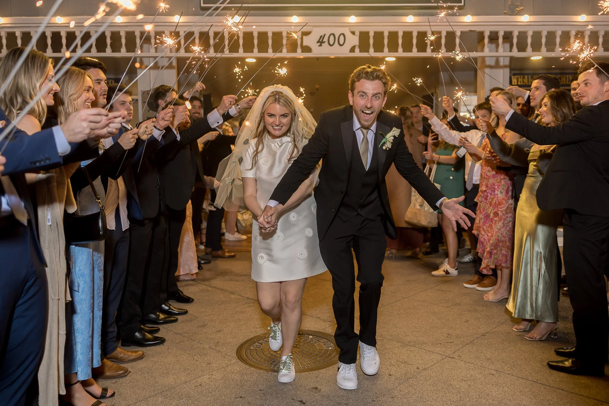 Sparkler exit with wide tunnel formation at Monarch Beach Resort Orange County wedding
