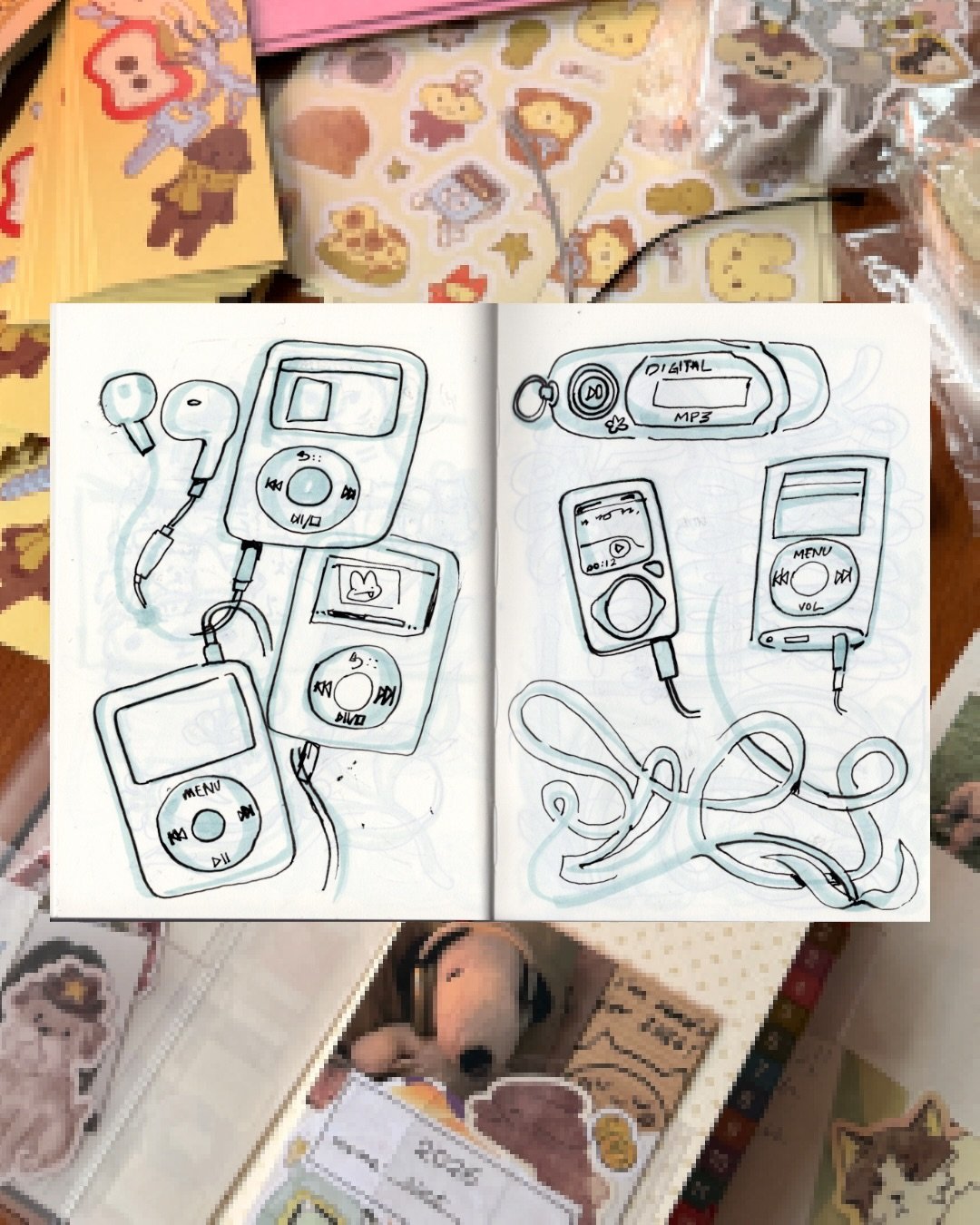 some of the sketchbook pages where I was doodling all my new sticker ideas, had a lot of fun experimenting with these. 

Also justice for the mp3 doodles, I really wish I could have turned them into something but they just weren&rsquo;t clicking at t