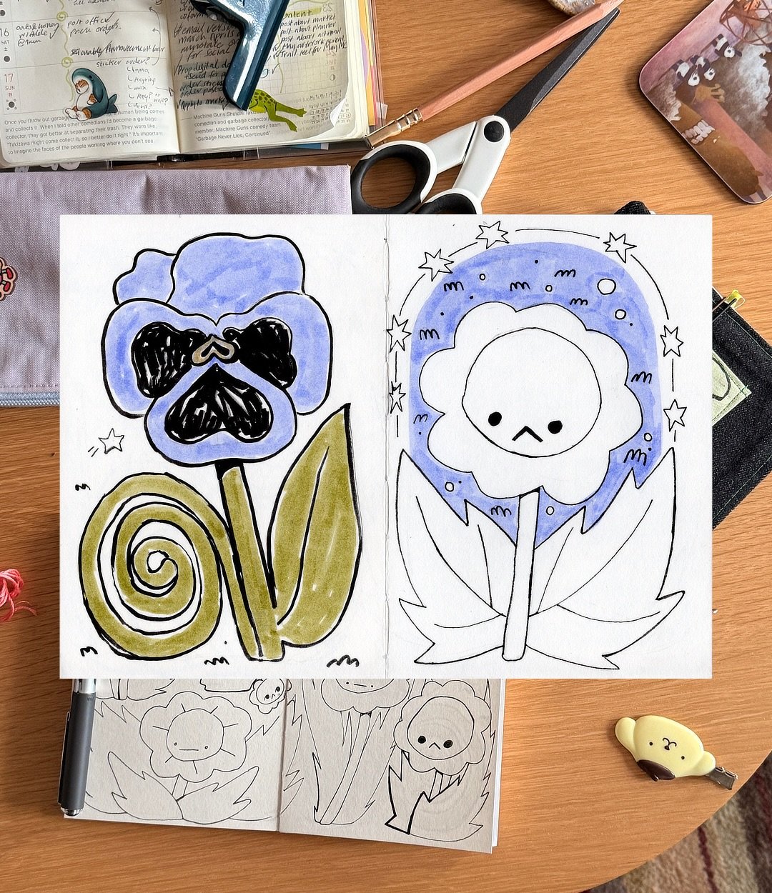 sketchbook log 10: enjoy these pages from my little sketchbook, they are from 2 weeks ago back when we weren&rsquo;t melting in 34 degree weather

Enjoy the random thoughts and self portraits too, I started running out of ideas 😔