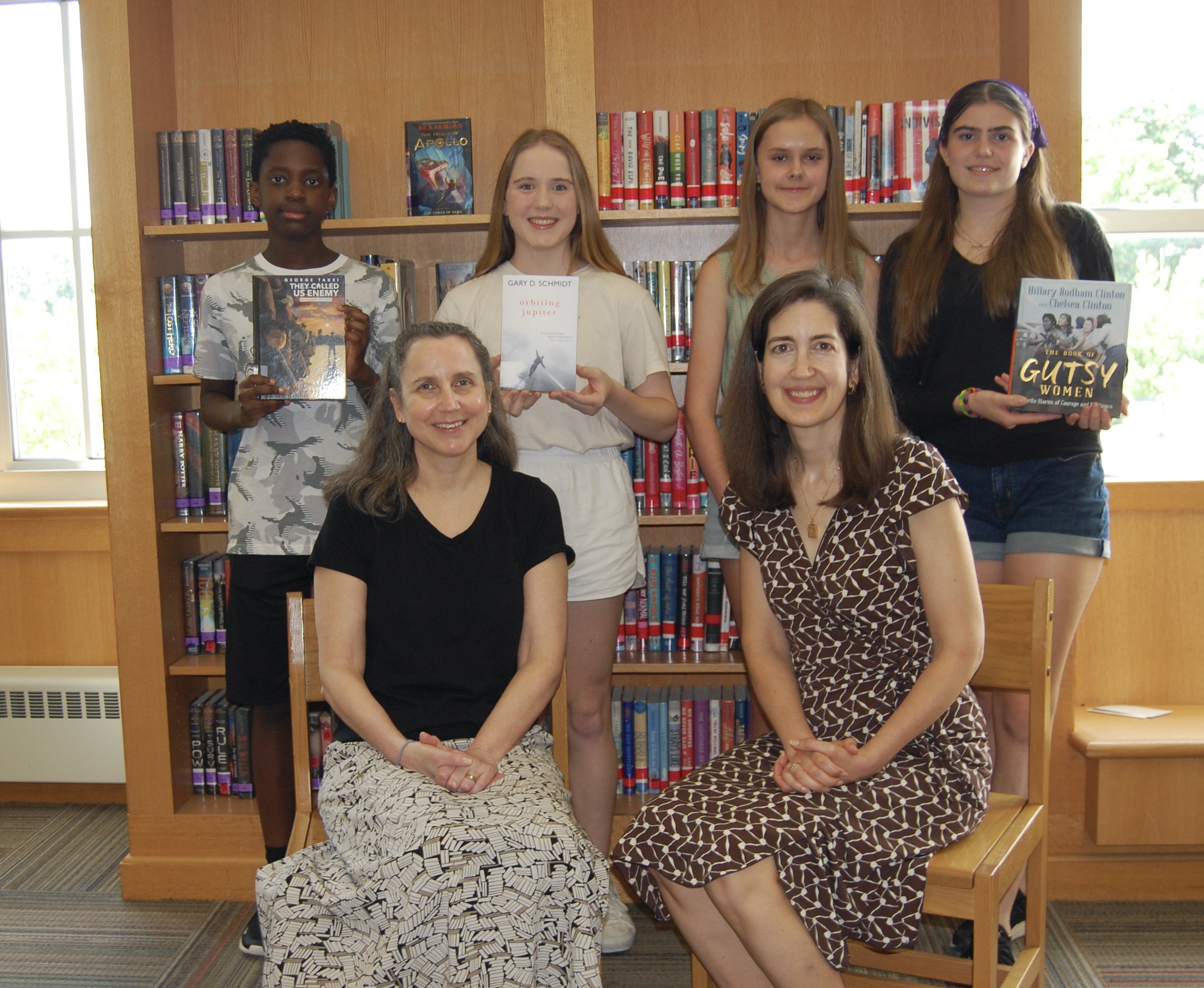 Librarian Elizabeth Lutwak and Teacher Caroline Todd with Lawrence, Molly, Liv, and Madeline