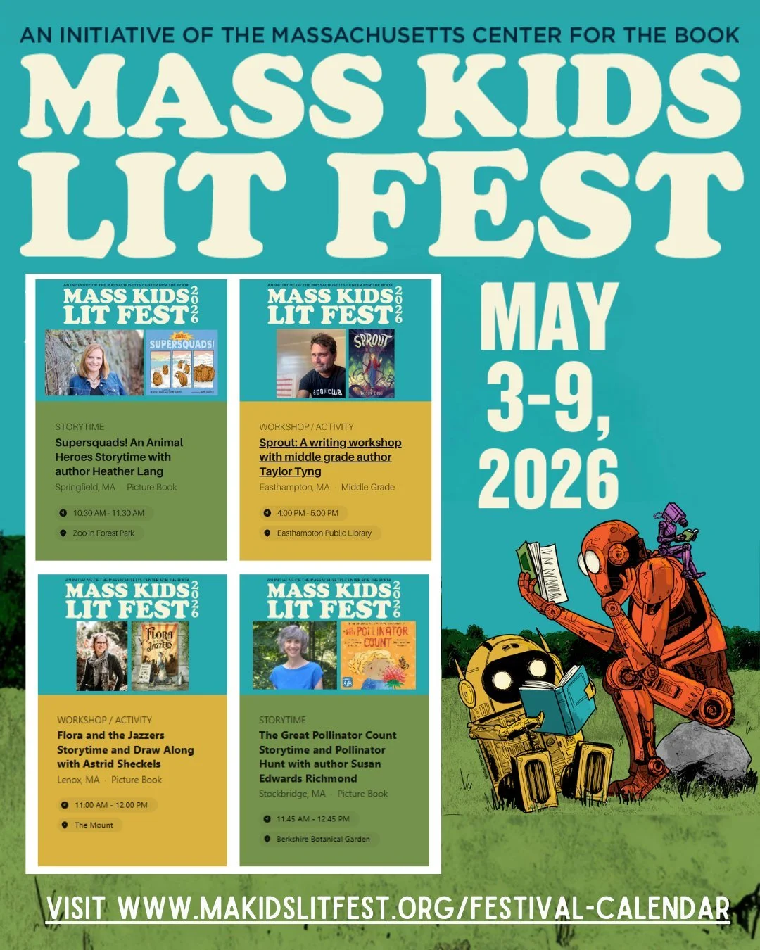 The Mass Kids Lit Fest 2026 schedule and up! Join us May 3-9th for events all over the 4 Western Mass counties. Events are free and open to the public! Check out the festival calendar and find one near you! Link in Linktree to Mass Kids Lit Fest!
