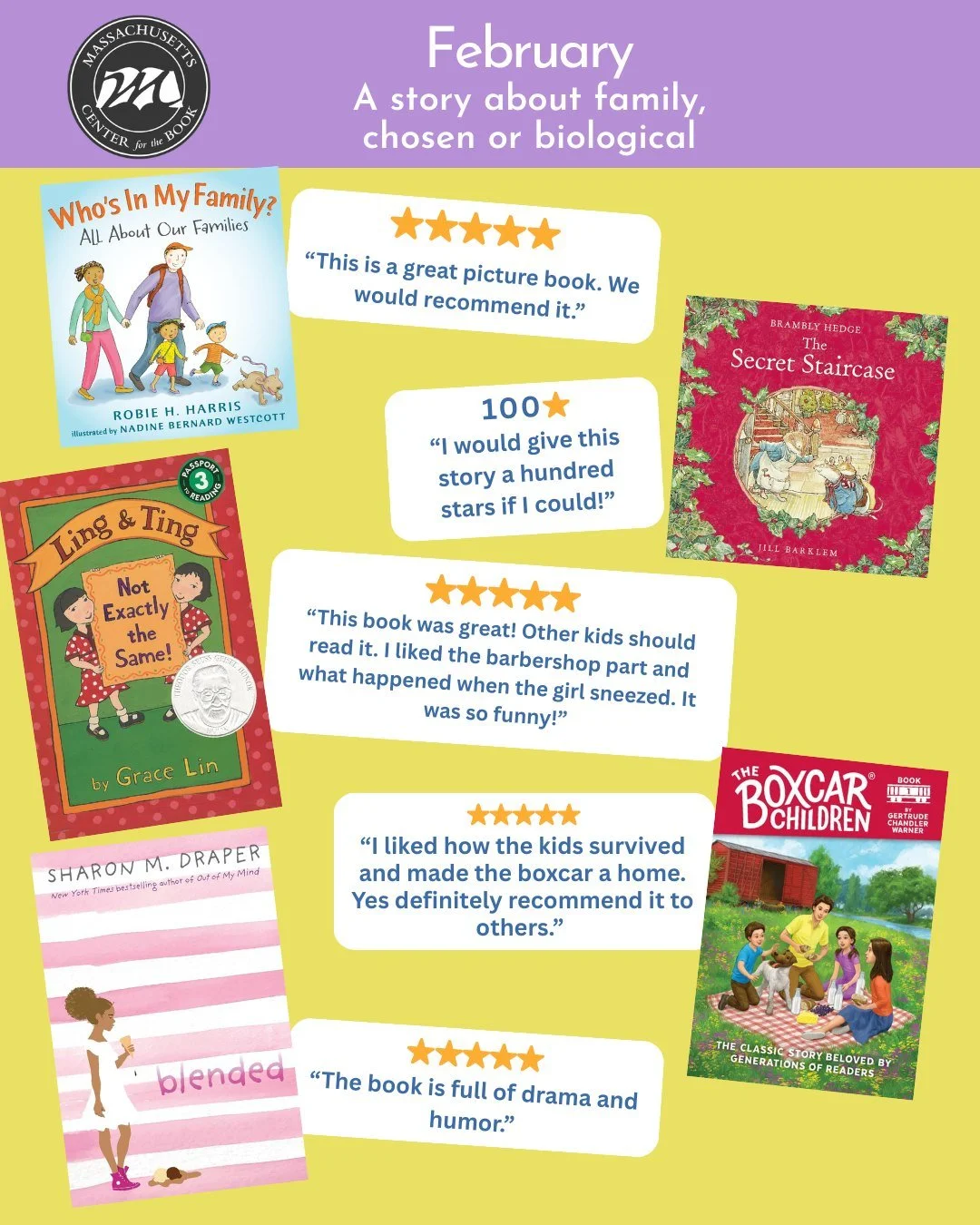 Our Student Reading Challenge participants were asked to read "A story about family, chosen or biological." Here are some of the most loved books from our readers! Learn more at Student Reading Challenge link in linktree.