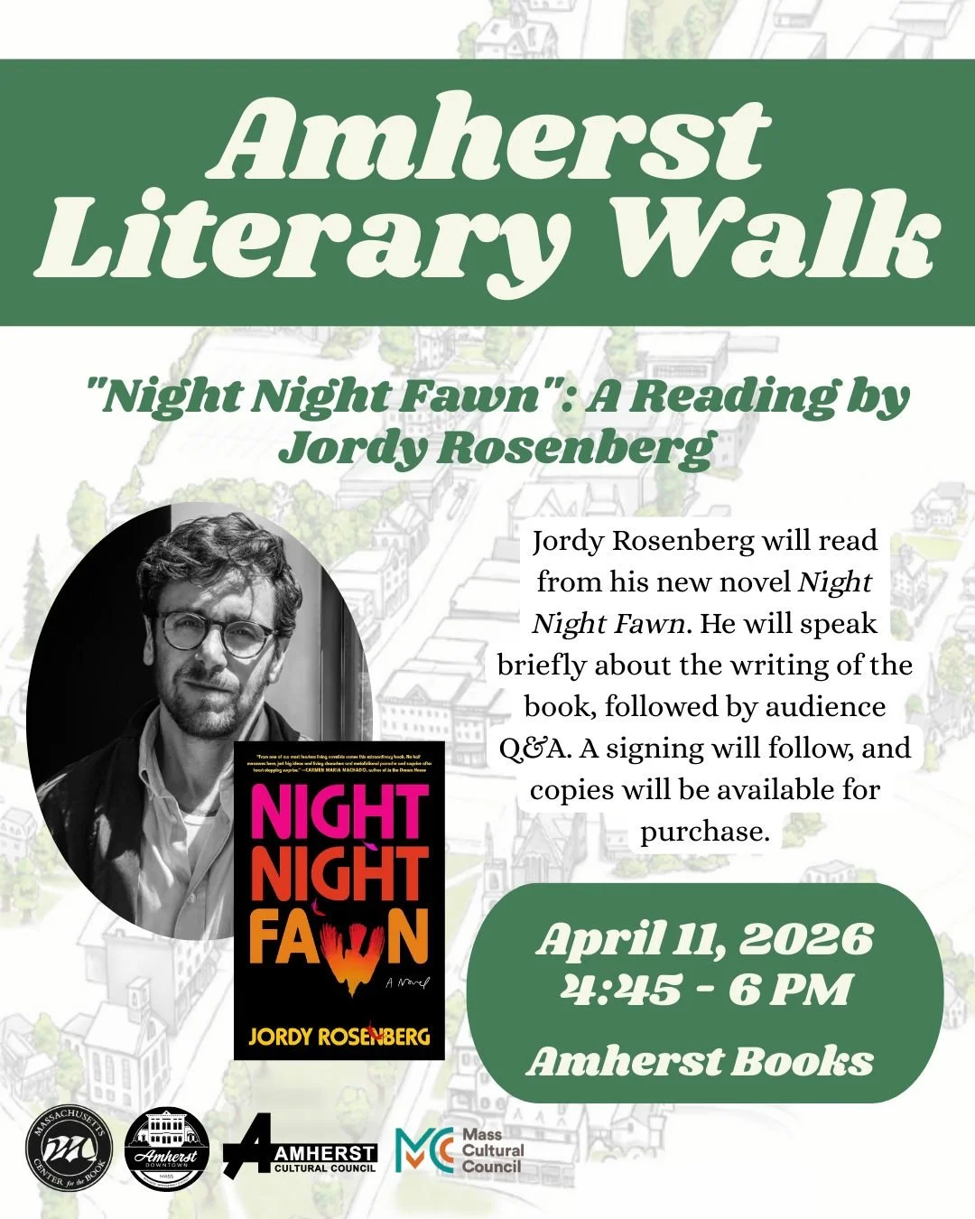 Join local author Jordy Rosenberg who will read from his new novel "Night Night Fawn." He will speak briefly about the writing of the book, followed by audience Q&amp;A. A signing will follow, and copies will be available for purchase. More