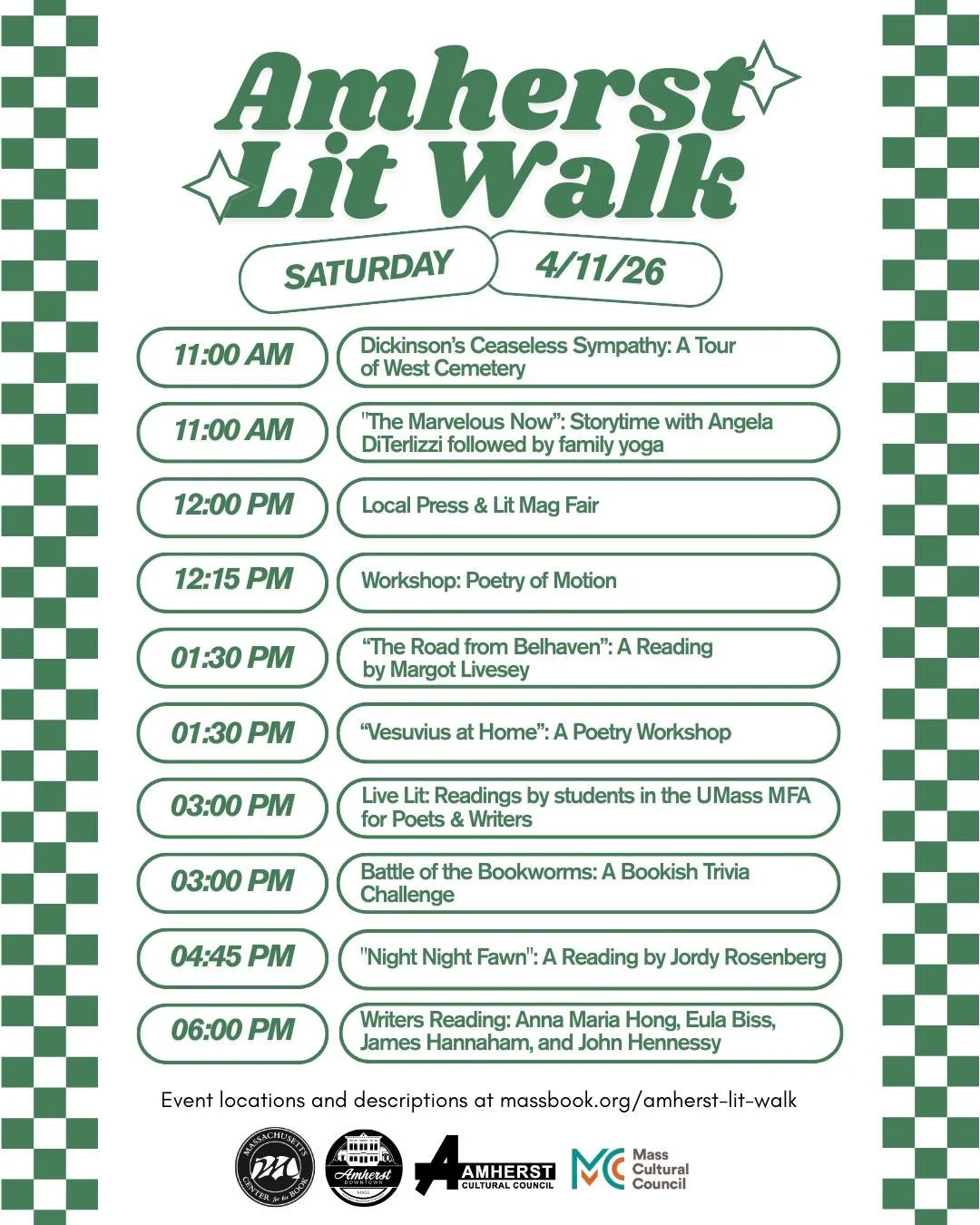 Join us this Saturday! A full day of readings, workshops, trivia, and more! We can't wait to spend the day with you in downtown Amherst! More info and links to register at Amherst Lit Walk in Linktree.