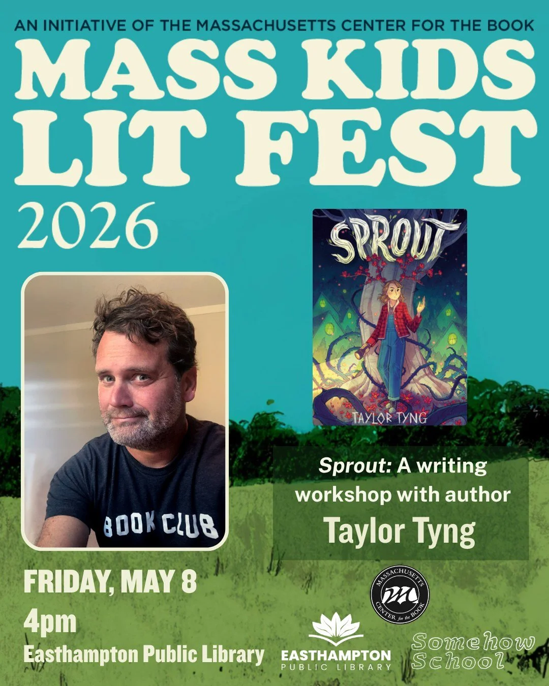 Join the Easthampton Public Library and the Somehow School for a fun, hands-on writing workshop with acclaimed author Taylor Tyng! Taylor will introduce his new middle-grade novel, Sprout&mdash;the imaginative story of a girl who lives in a secluded 
