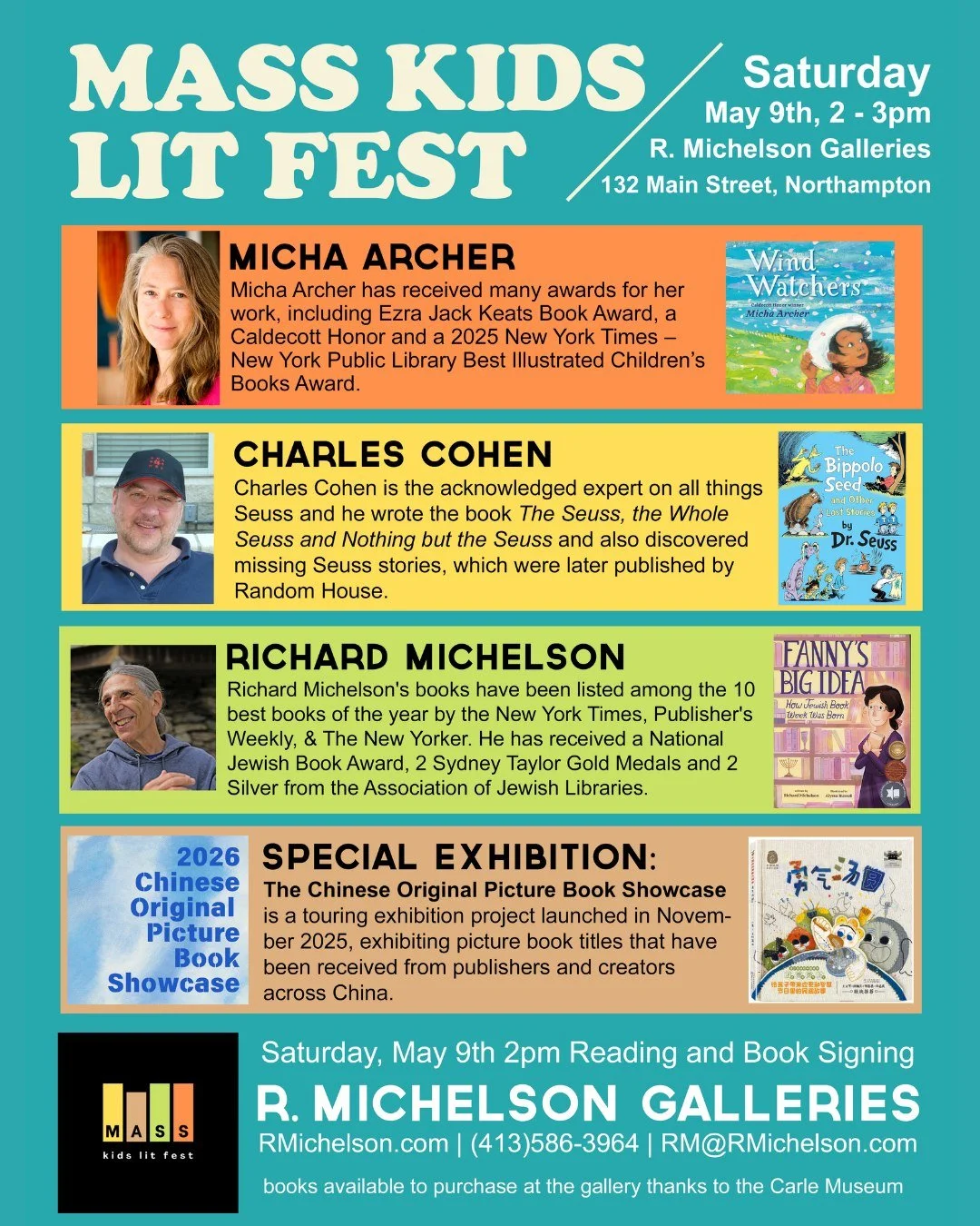 The R. Michaelson Galleries will be hosting an event as part of Kids Lit Fest on May 9th. Head to Mass Kids Lit Fest in linktree for more details.