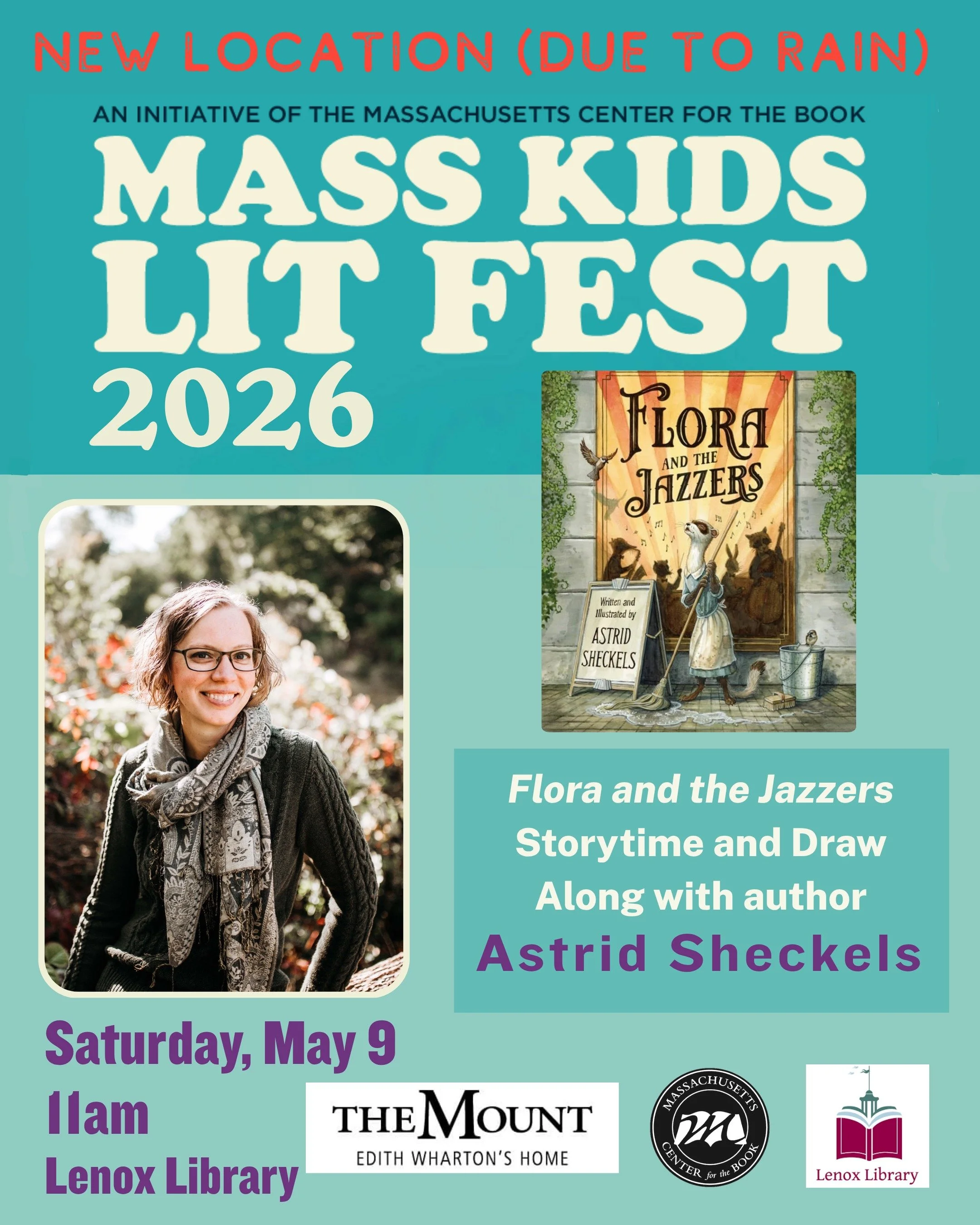 Tomorrow's "Flora and the Jazzers" event with Astrid Sheckels will be moving indoors to Lenox Library. (They can't rain on our parade . . .) Our friends from The Mount will be onsite with books. Come join us for storytime and a drawing demo