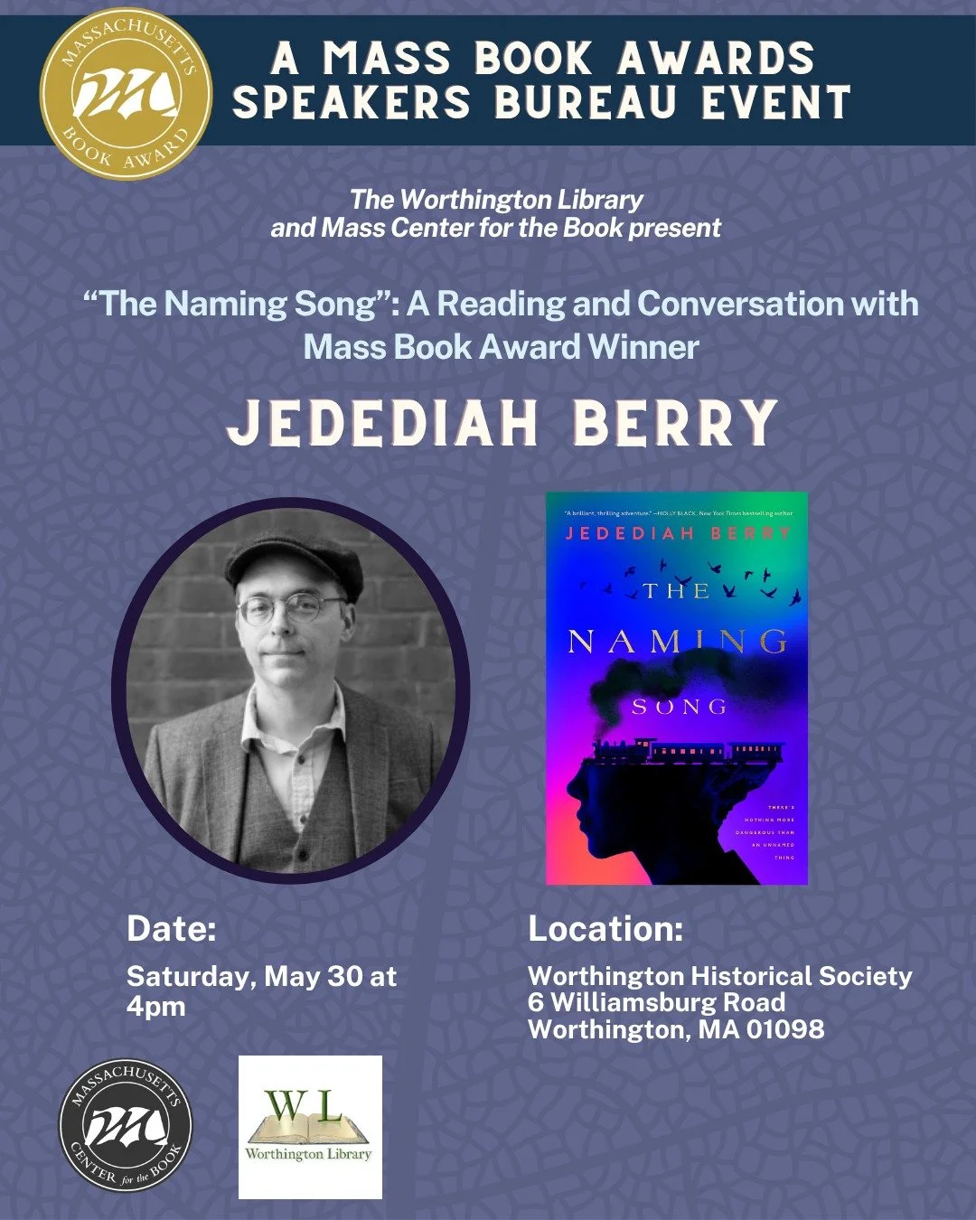 Join the Worthington Library for a special author event with Jedediah Berry, whose novel The Naming Song won the 2025 Massachusetts Book Award in Fiction. As part of the library&rsquo;s monthly book club selection, attendees are invited to read The N