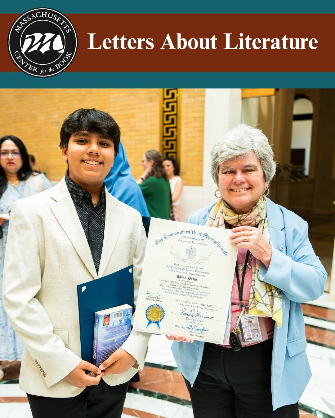 Last week, Massachusetts Center for the Book welcomed Letters About Literature honorees and their families to the Massachusetts State House for a celebration of the power of reading, writing, and personal reflection. Students from across the Commonwe