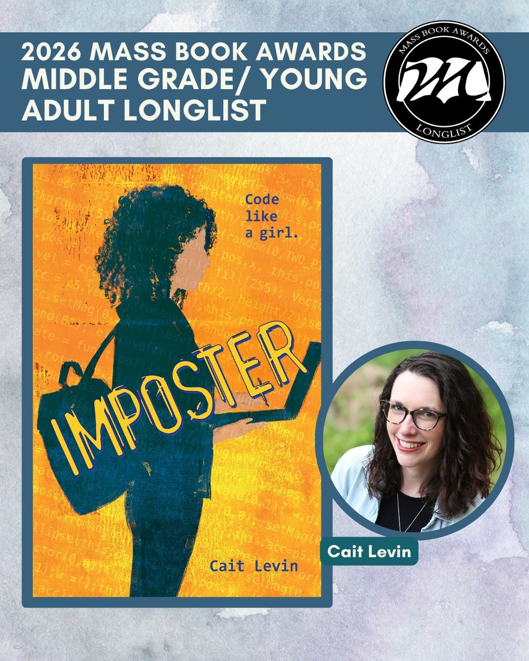 Today we highlight MG/YA longlist title &ldquo;Imposter&rdquo; by Cait Levin (Charlesbridge Teen). 
@caitlevinwritesbooks, @charlesbridgepublishing.

High school sophomore Cam has always created techie things, like a ring she implanted with an NFC ch