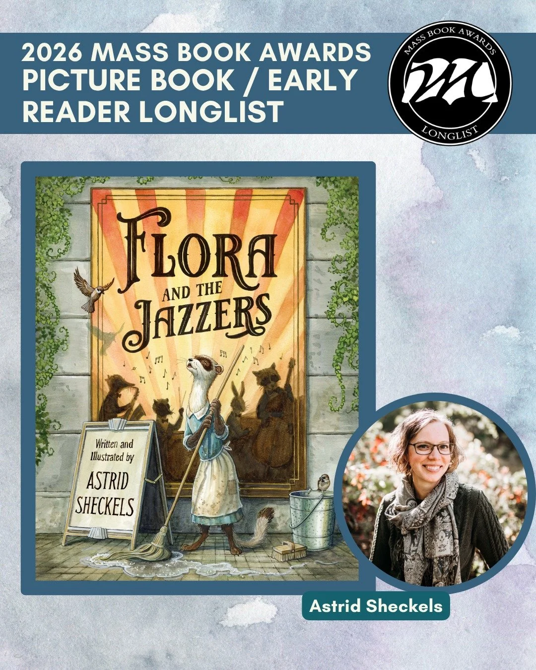 Today we highlight PB/ER longlist title &ldquo;Flora and the Jazzers&rdquo; by Astrid Sheckels (Waxwing Books). @astridsheckelsart, @waxwing.books

Flora the ferret longs to attend a concert someday, but she is only a lowly scullery maid. When she di