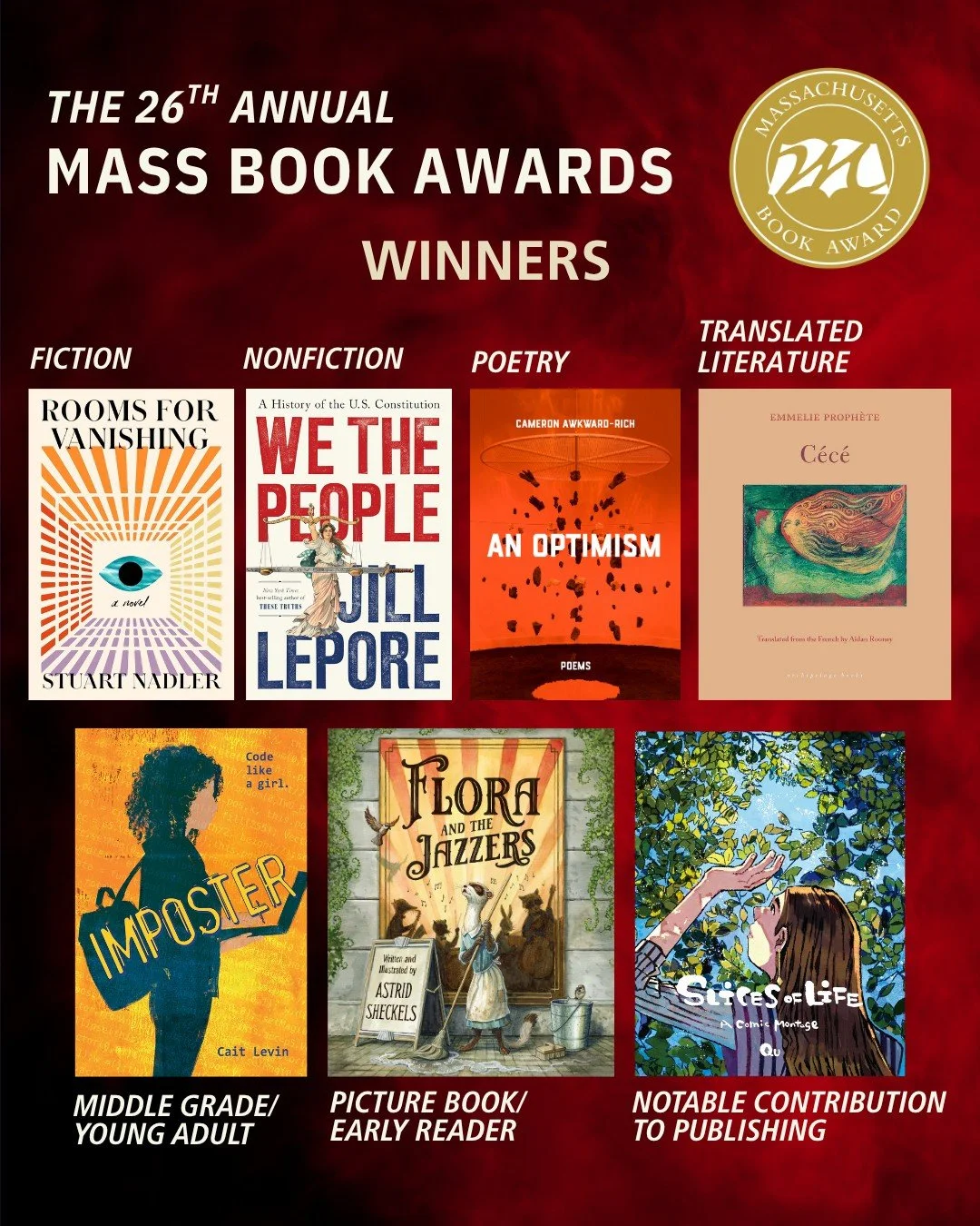 Today we are excited to announce our 2026 Mass Book Award Winners and Honors! Congratulations to the Massachusetts authors, illustrators and publishers of these impressive works.

Fiction - Rooms for Vanishing by Stuart Nadler (Dutton Press, @duttonb