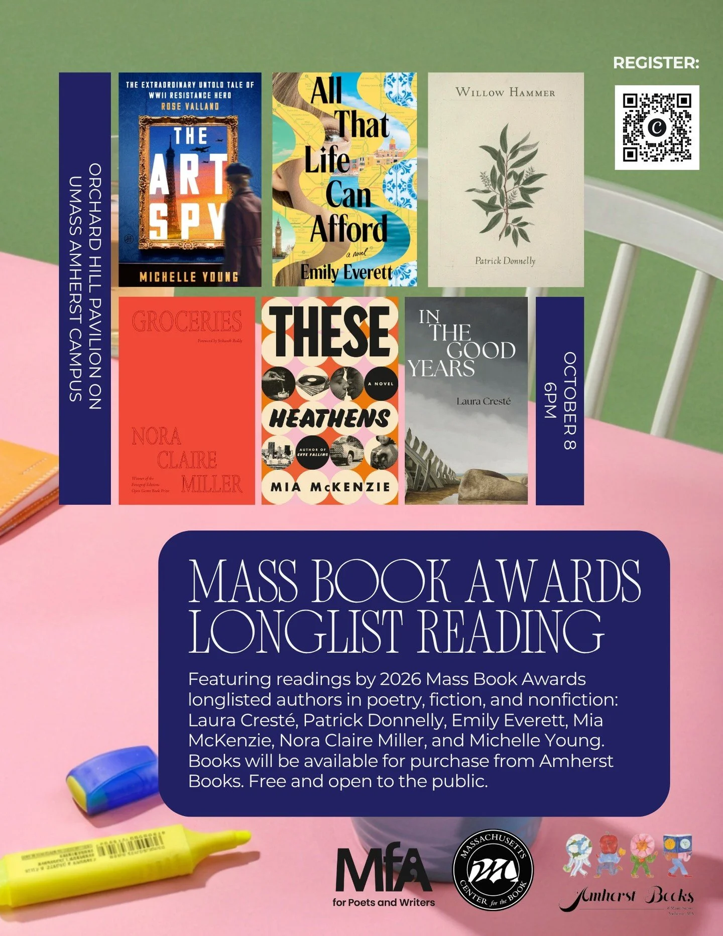 📚✨ Join us on October 8th for a fantastic Mass Book Awards Longlist Reading at UMass Amherst&rsquo;s Orchard Hill Pavilion! Enjoy readings from the amazing longlisted authors in poetry, fiction, and nonfiction: Laura Crest&eacute;, Patrick Donnelly,