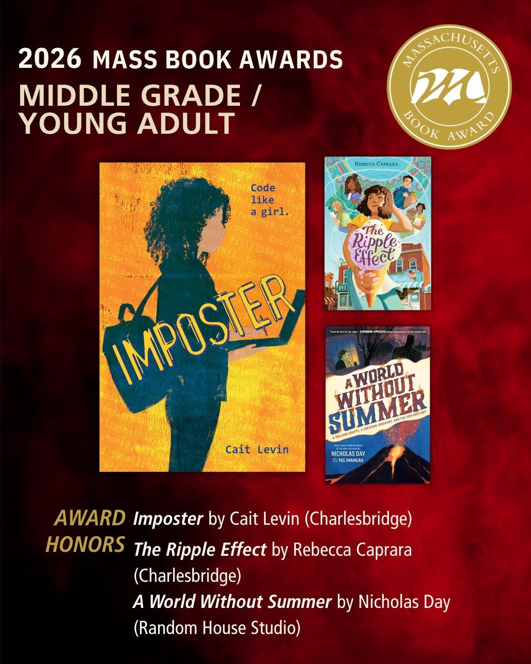 Today we are excited to bring you this year's Award and Honors titles in the Middle Grade/Young Adult category of the Mass Book Awards.

Award - Imposter by Cait Levin (Charlesbridge Teen) @caitlevinwritesbooks
Honors - The Ripple Effect by Rebecca C