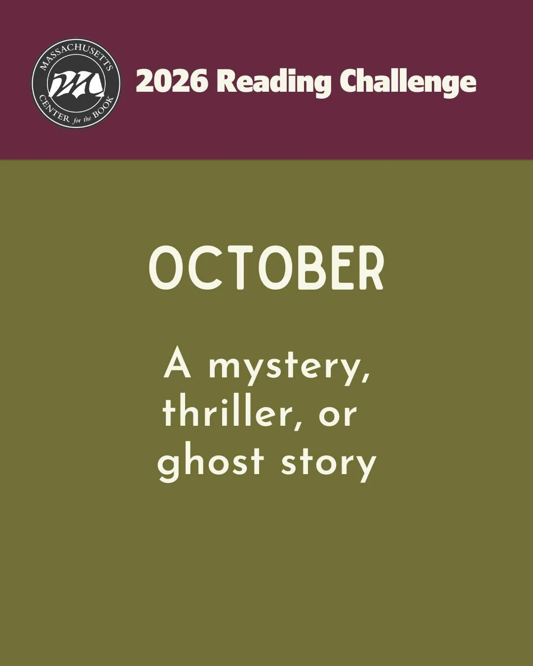 October is almost here! In honor of this spooky season we would like to encourage you to read "A mystery, thriller, or ghost story." Swipe for some recommendations. Happy Reading! 👻