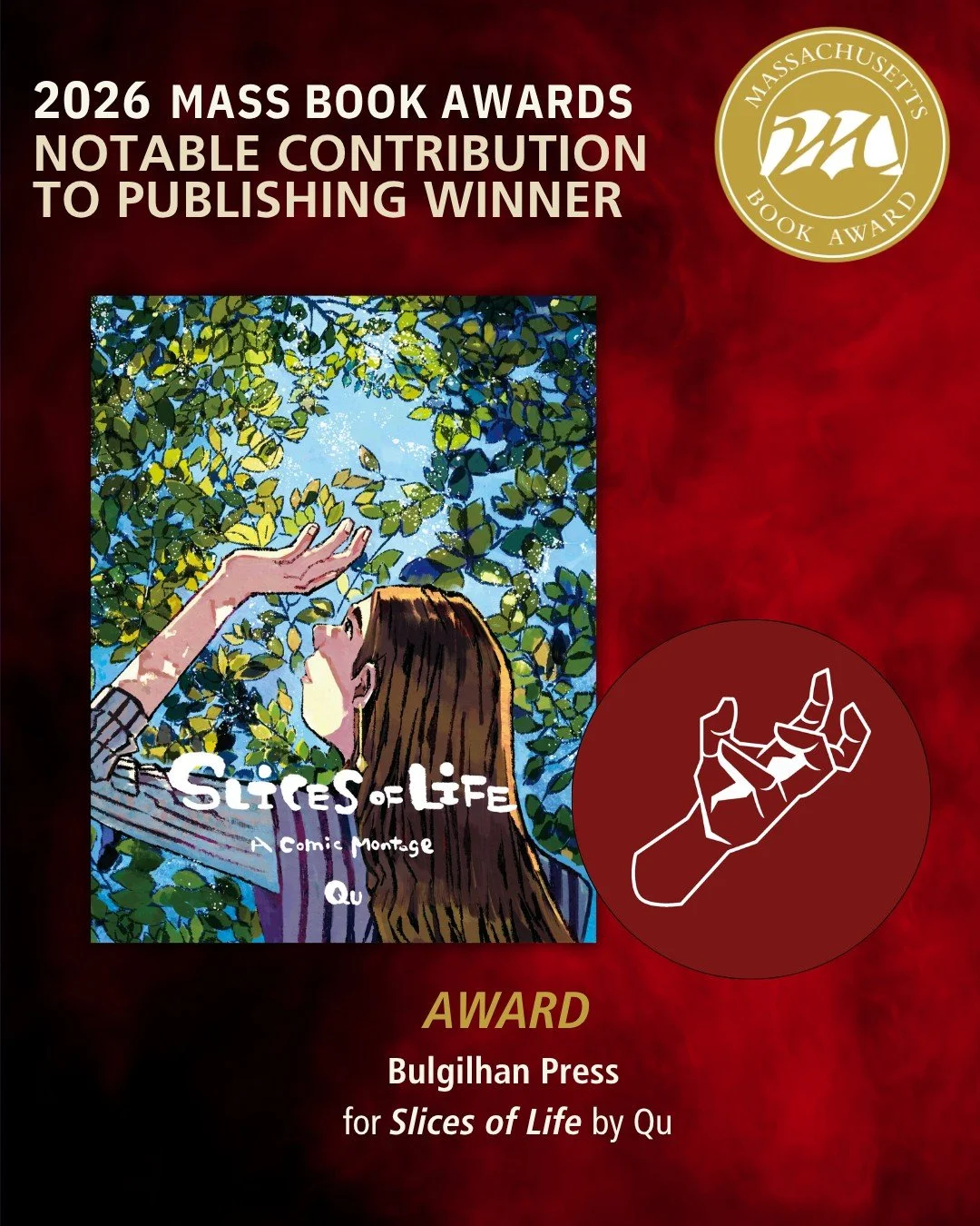 day we are excited to highlight this year's Notable Contribution to Publishing Award winner, Slices of Life by Qu, published by Massachusetts publisher Bulgilhan Press (@bulgilhanpress). Learn more about all the winners and honors books at the Mass B