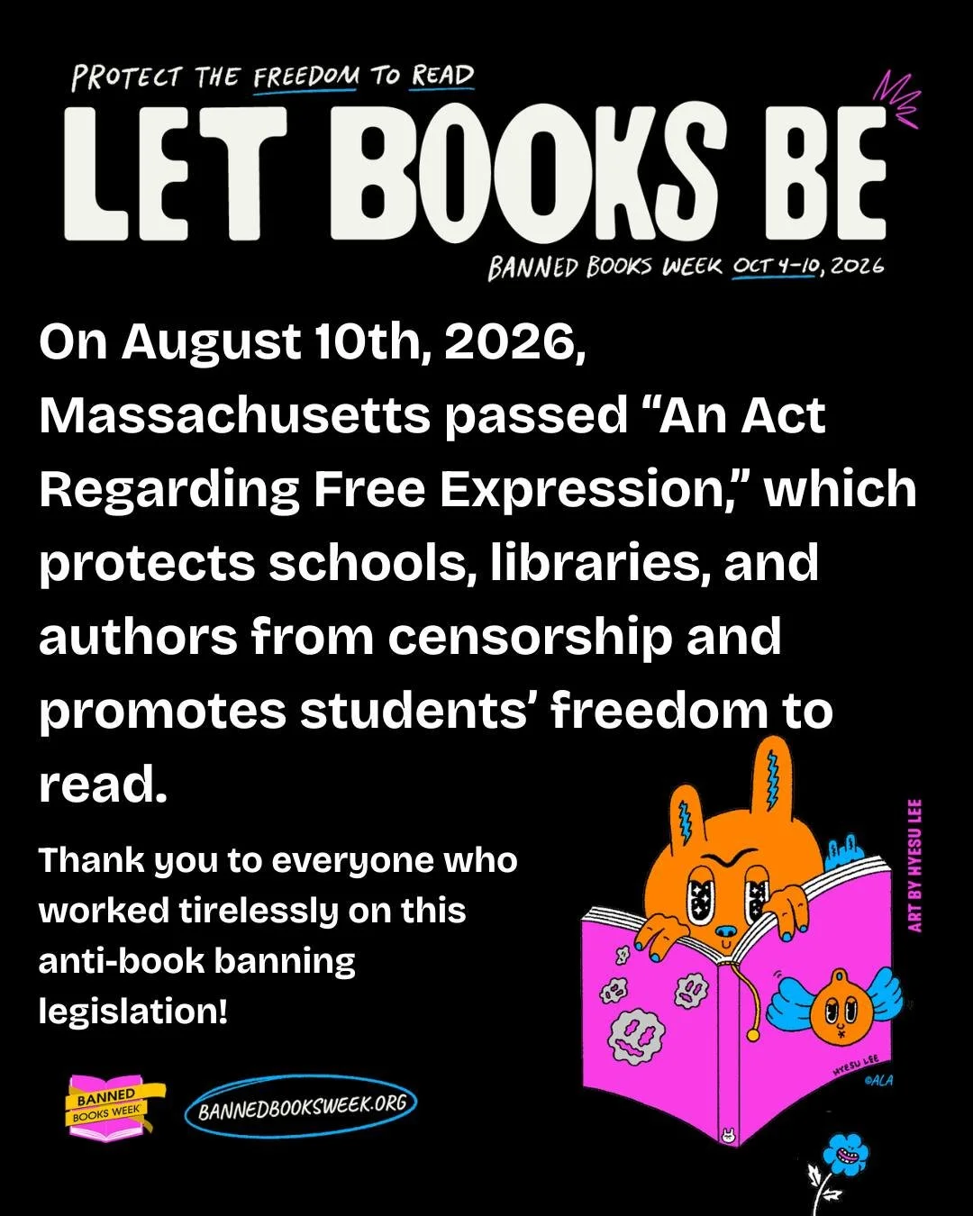 This banned books week we want to shout out Mass Freedom to Read (@massfreedomtoread) and MA Authors Against Book Bans (@massaabb) for all the work that went into passing "An Act Regarding Free Expression" this August! Thanks to their hard 