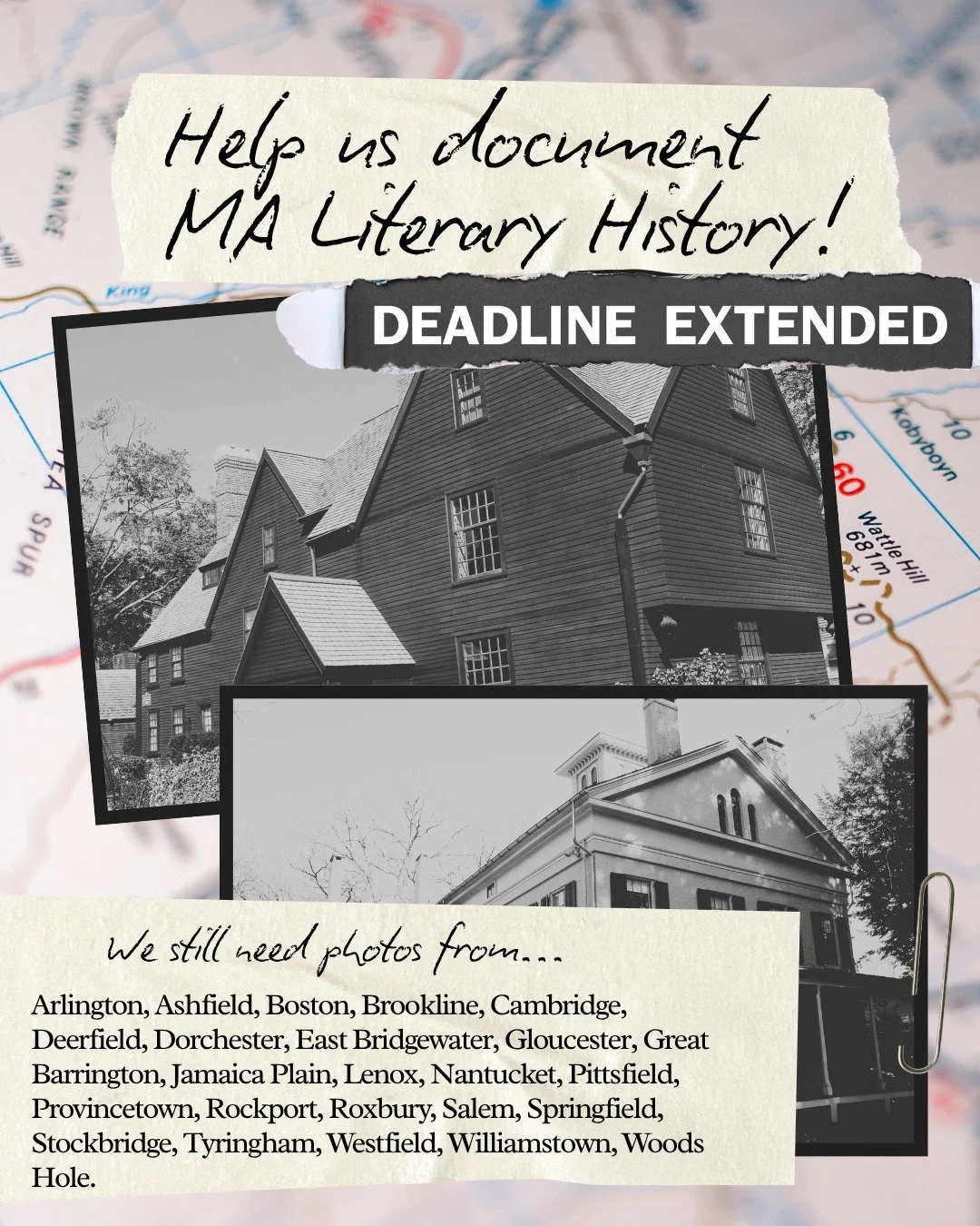 Deadline Extended! If you live in the following towns, we need your help documenting literary history: Arlington, Ashfield, Boston, Brookline, Cambridge, Deerfield, Dorchester, East Bridgewater, Gloucester, Great Barrington, Jamaica Plain, Lenox, Nan