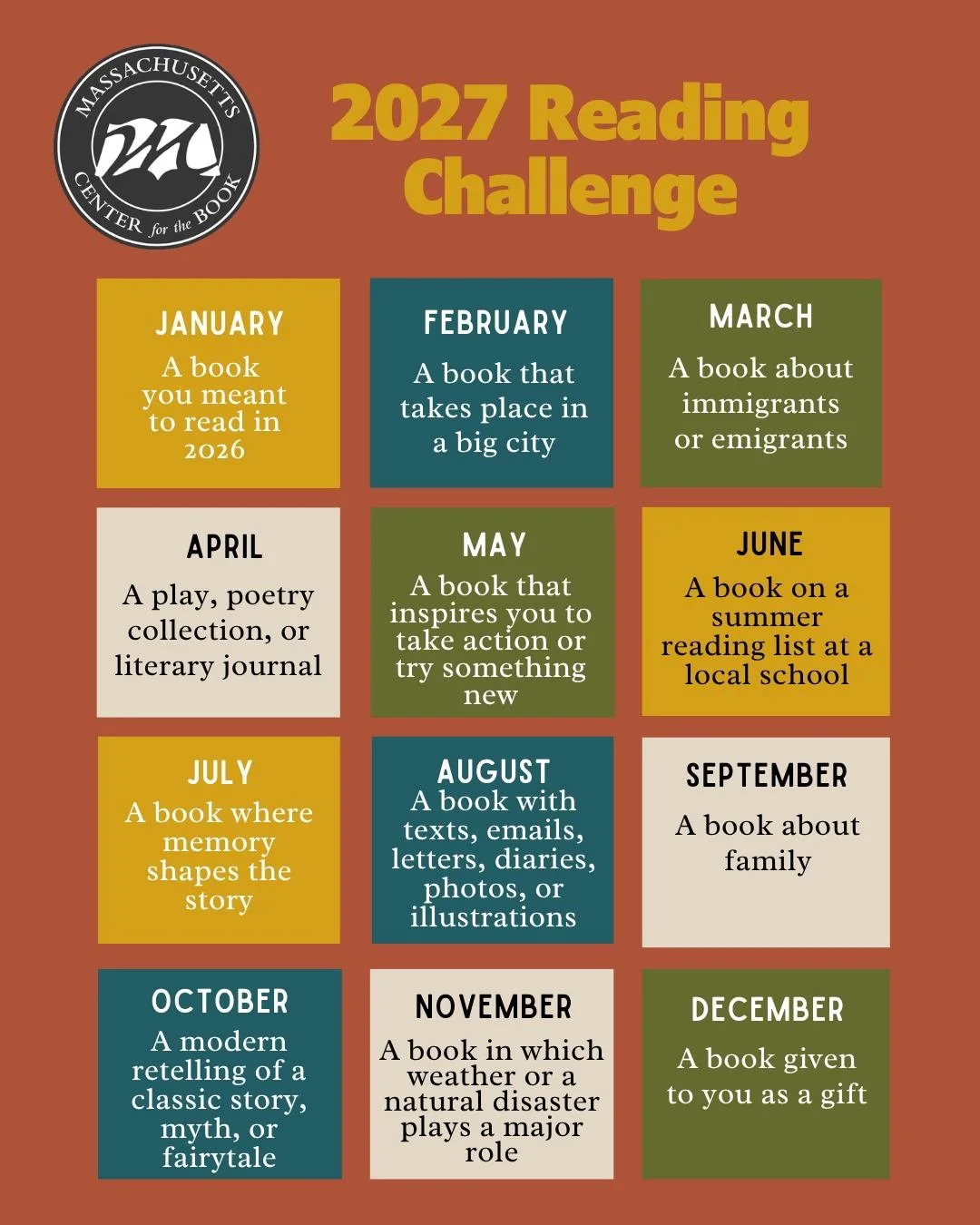 The 2027 Reading Challenge prompts are here! We have 12 more months of reading with recommendations to go with them. Join us in the new year! Partner locations, the form is open to sign up for materials to be sent your way!