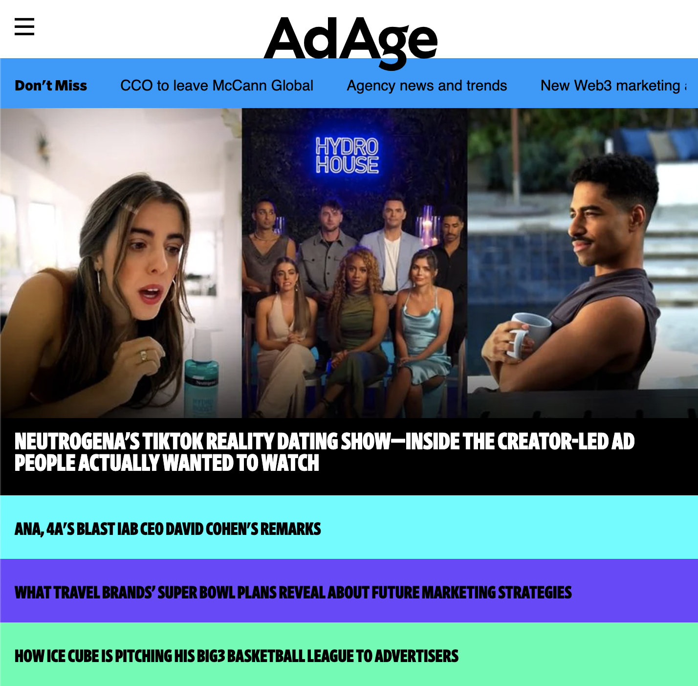 Hydro House was on the home page of Ad Age1