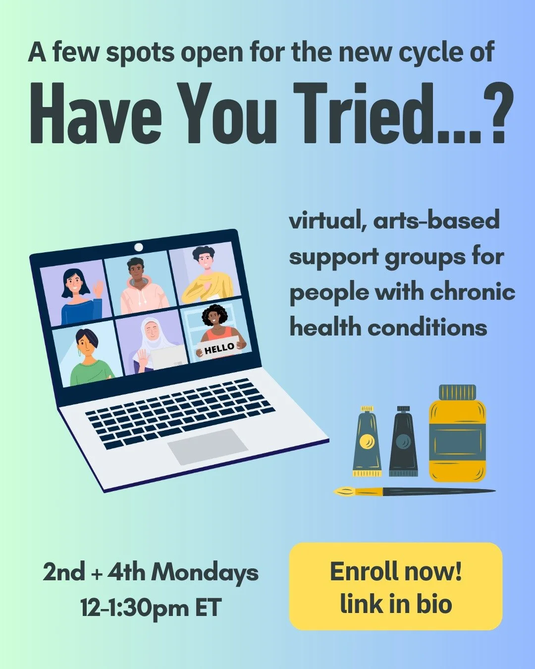 There are a few spots open in the Summer/Fall 25 Have You Tried...? Group starting 7/7! AND groups are now open to folks from ANYWHERE, rather than just from MA. 🚨

The Have You Tried&hellip;? virtual (over Zoom) arts-based support groups for people