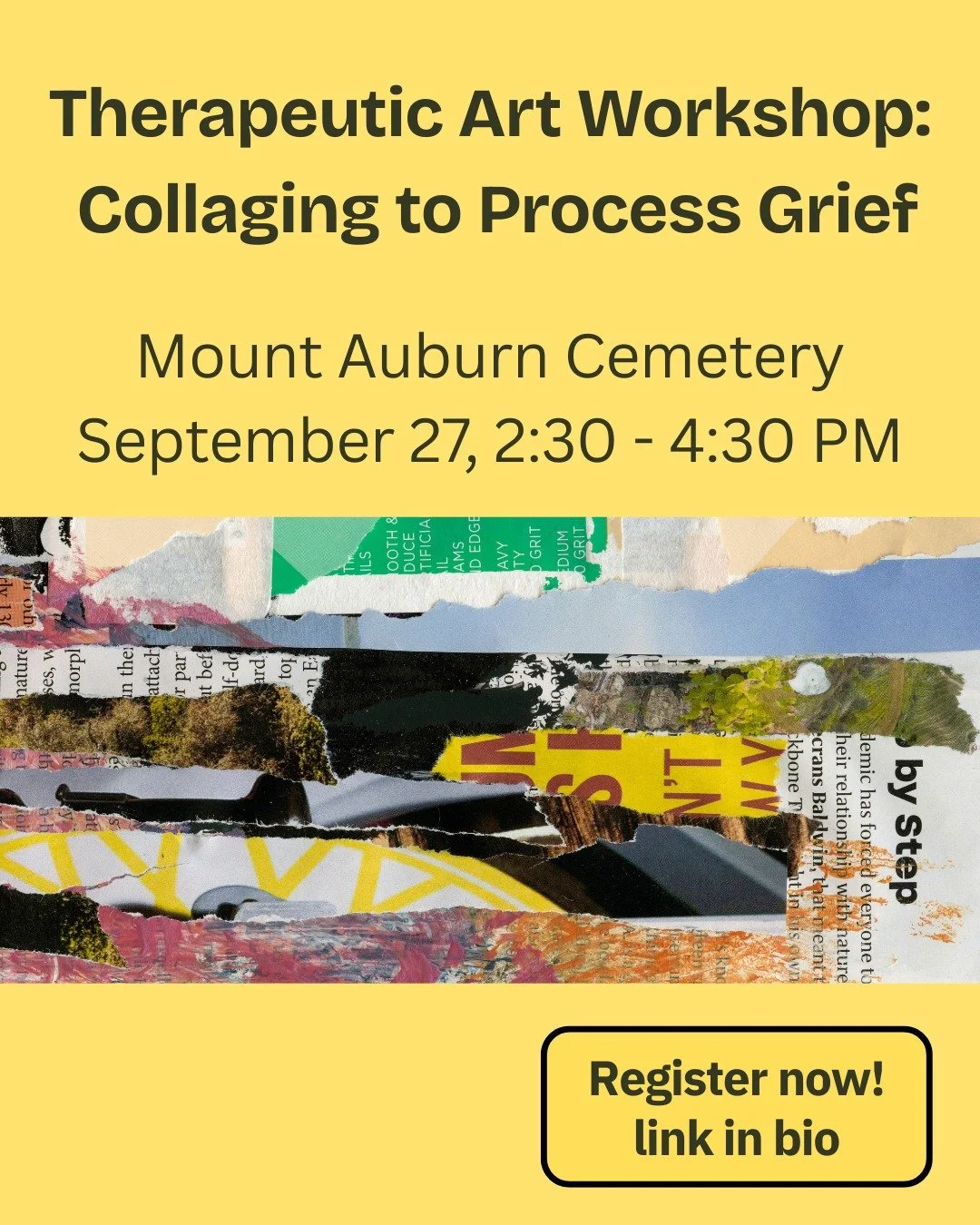 🎨 ✂️ Join me on 9/27 for a therapeutic art workshop @mountauburncemetery 

🔗 Link in bio for registration! 

Grief is a complex and multifaceted experience which includes a wide range of emotions. The collage process provides us with an intuitive w