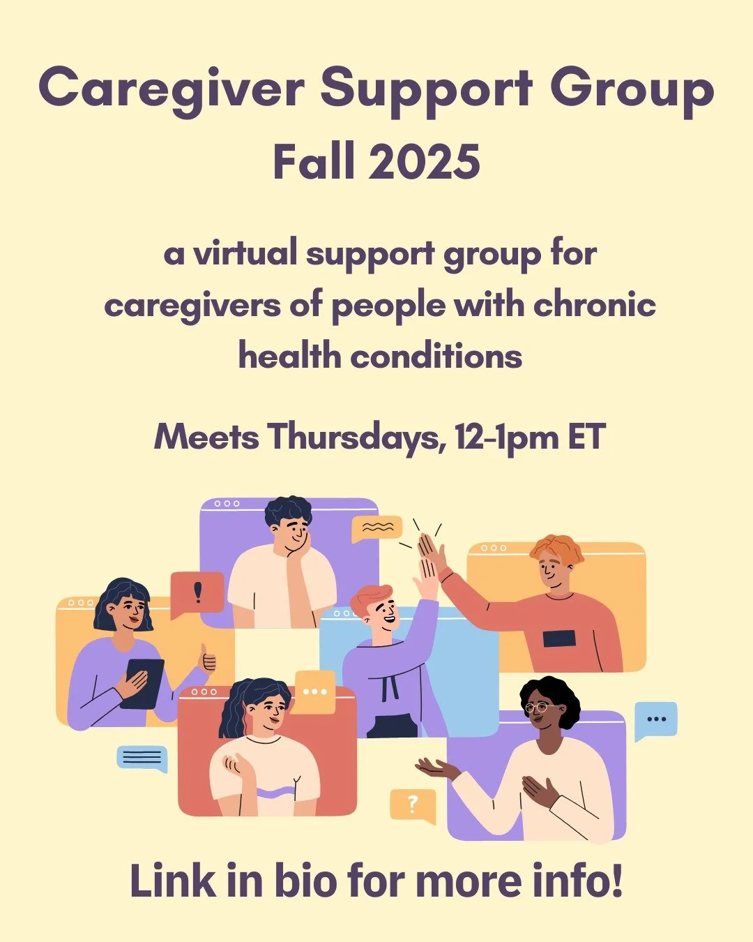 A new cycle of the Caregiver Support Group will be starting in late-October! 

This group is intended to give caregivers for people with chronic health conditions a space to connect with each other through discussing the full range of experiences car