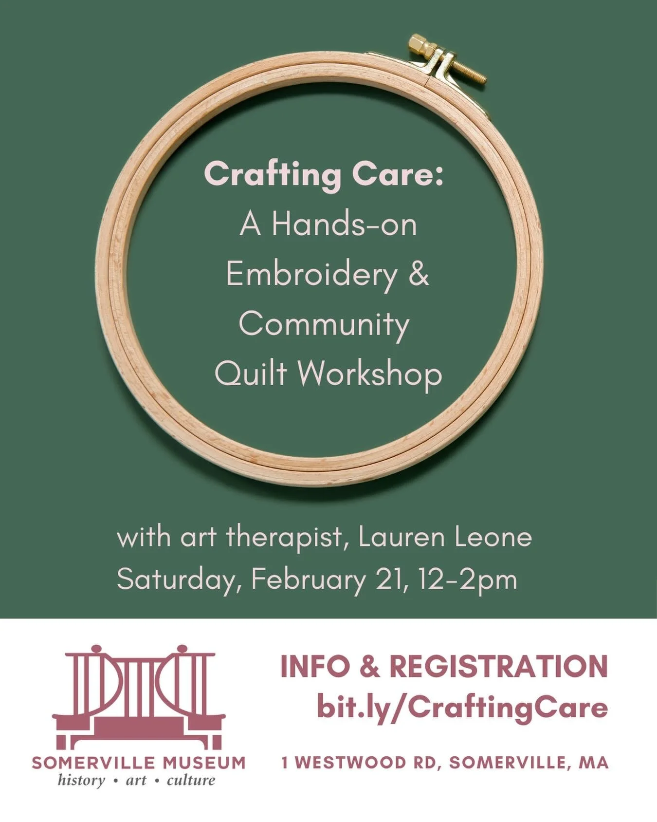 Join us Saturday, February 21st, 12-2pm at the Somerville Musuem for Crafting Care: A Community Quilt Workshop!

Link in bio for info and registration, or visit bit.ly/CraftingCare

This participatory workshop invites attendees to reflect on the conc