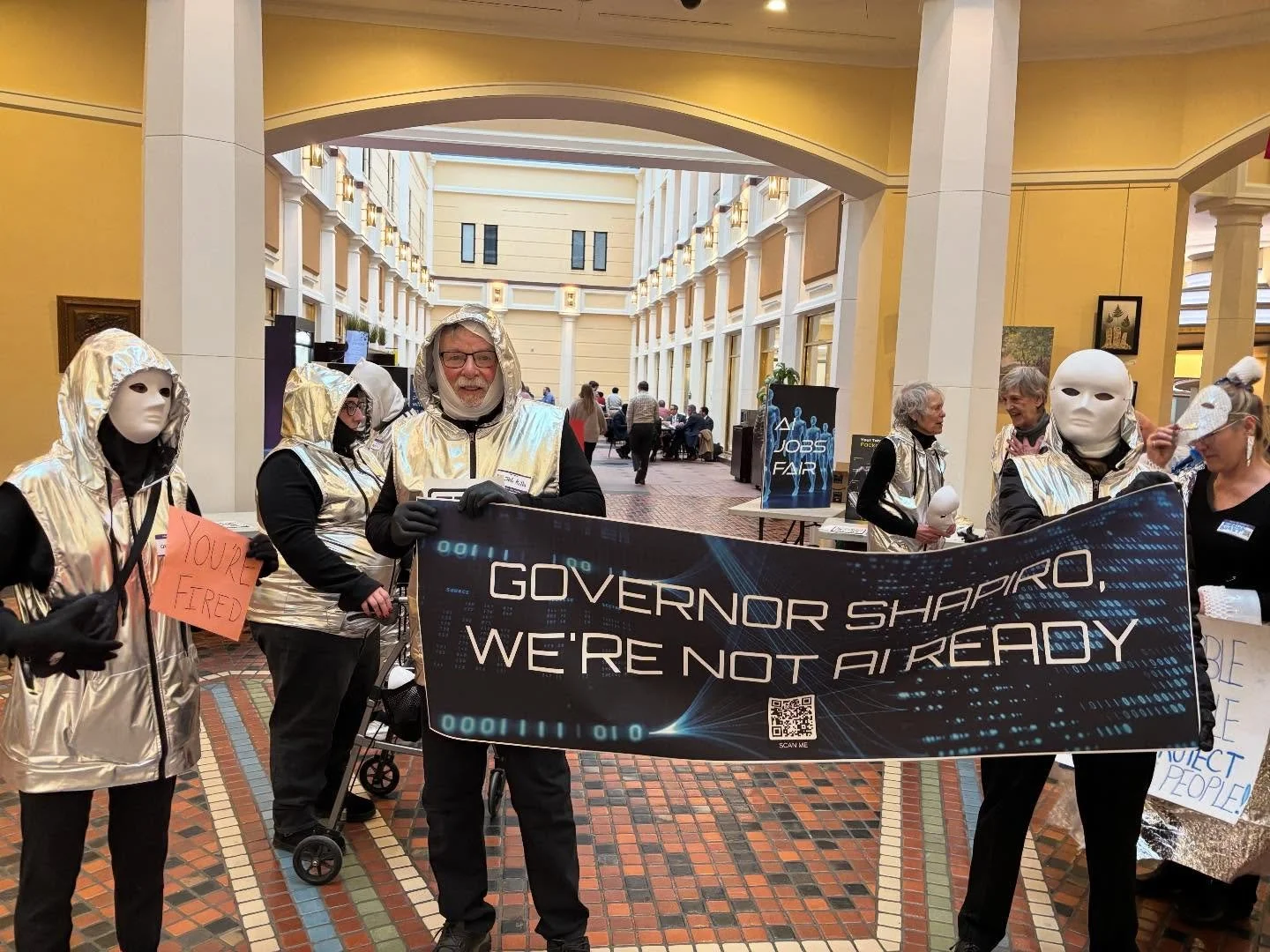 PAC members joined with Better Path Coalition today in the PA state capitol for an AI job fair. Only robots (seen in costumes) were permitted to apply. 
The event drew attention to the local impacts of AI data centers. A letter with hundreds of signa