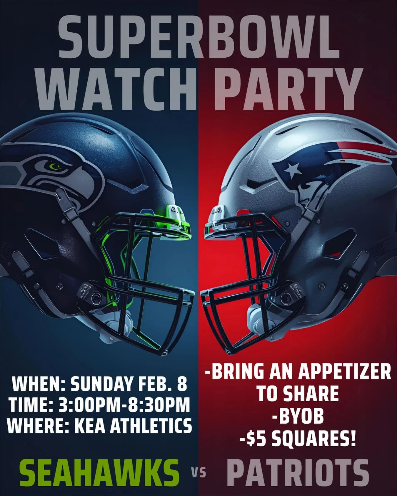 Come join us on Sunday, Feb. 8, for a Super Bowl Watch Party at the gym!

Doors will be open from 3:00pm, kickoff is at 3:30pm, until the game is over. 

Feel free to bring an appy to share but not required. We will have non-alcoholic beverages but B
