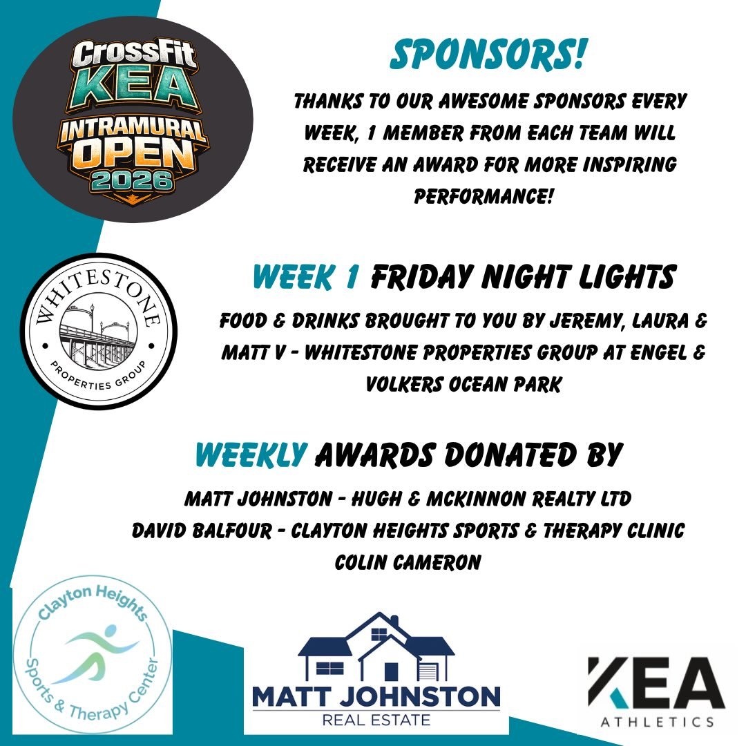 A big thank you to our sponsors for week 1 of our Intramural Open! Look forward to seeing everybody on Friday throwing down!

Friday night lights food and drinks provided by @jeremykalenuik @laurakalenuik @mattvandenboogaard of @whitestoneproperties 