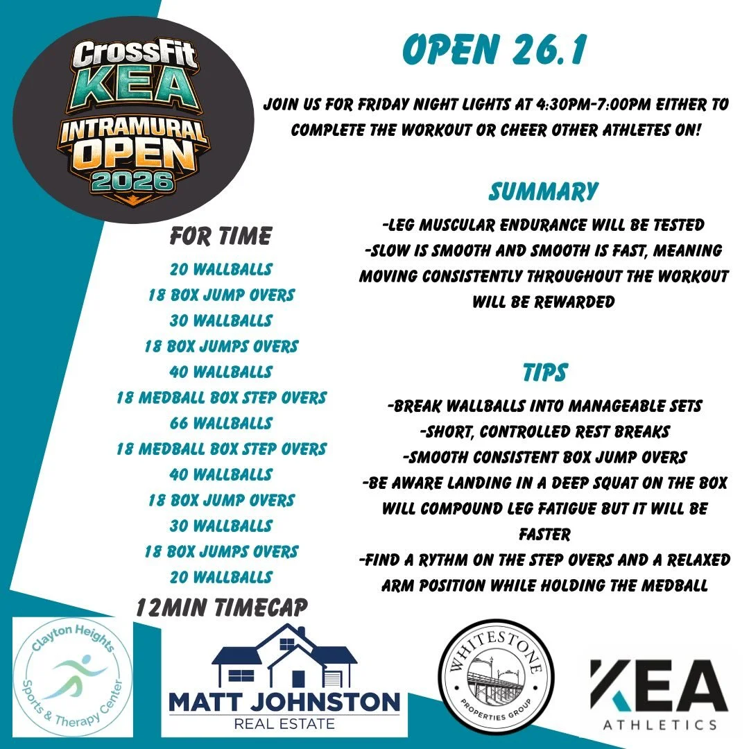 Open 26.1!!!

All classes throughout the day will be running two heats of the workout. But don&rsquo;t forget to come to Friday Night Lights either to do the workout or cheer on other athletes! 

Sponsored by @whitestoneproperties
