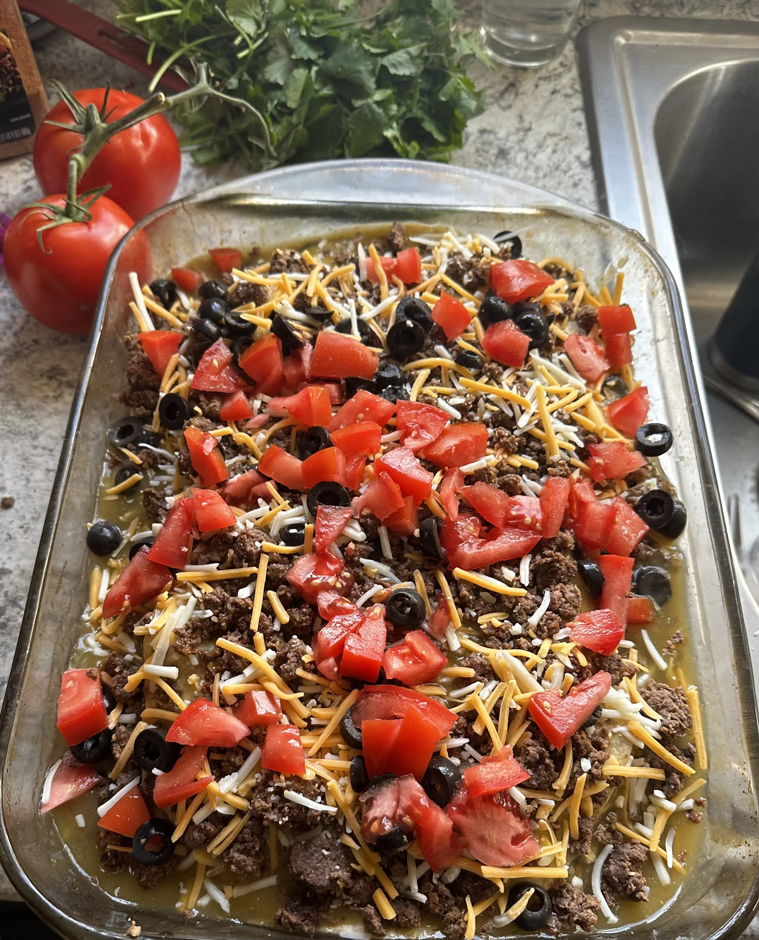 Bison Enchilada casserole ready to go in the oven!