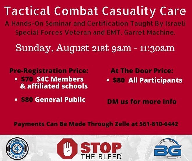 Join us on August 21st at 9am-11:30am for our second annual Tactical Combat Casualty Care/ Stop The Bleed training course. This course has limited spots available, sign up today!
&bull;
You will learn to obtain a tactical position in order to protect