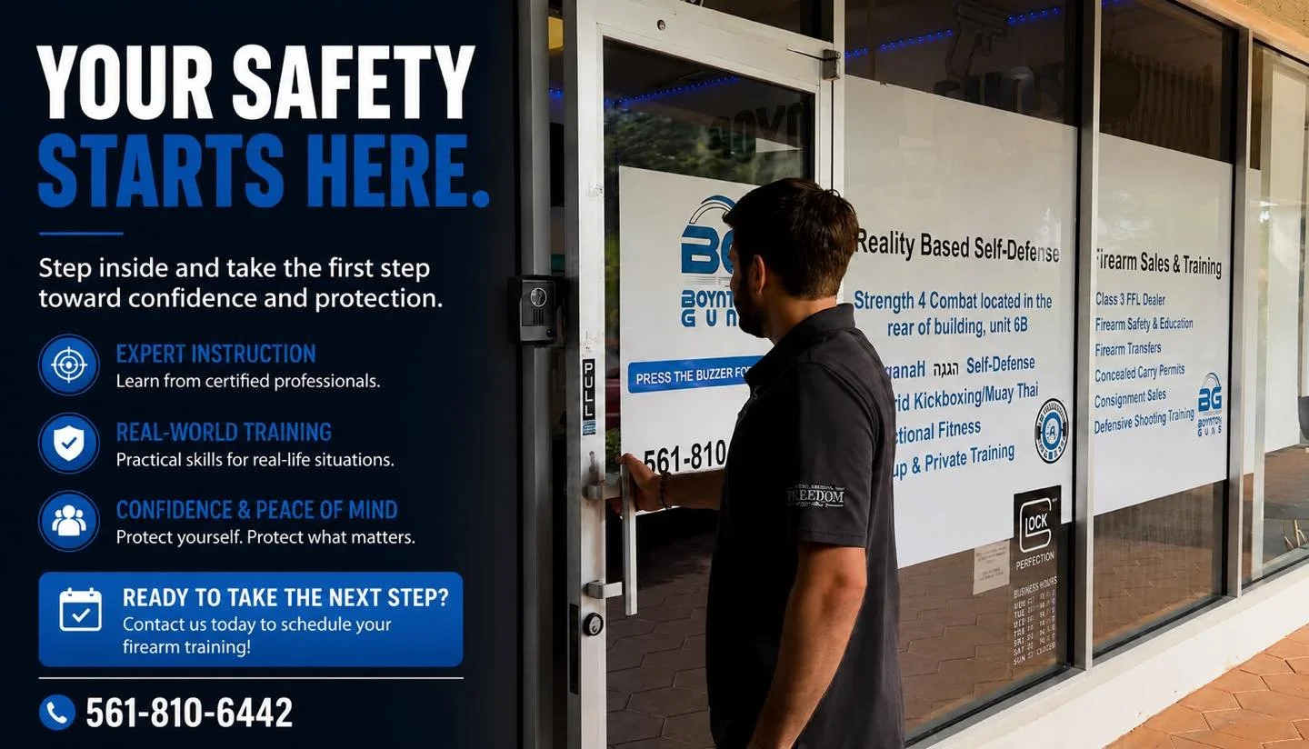 Stop by to learn more about our training opportunities and retail services. 

4895 windward passage drive, #6, Boynton Beach FL 33436

561-810-6442 

#training  #selfdefense #firearmtraining #boyntonbeach
