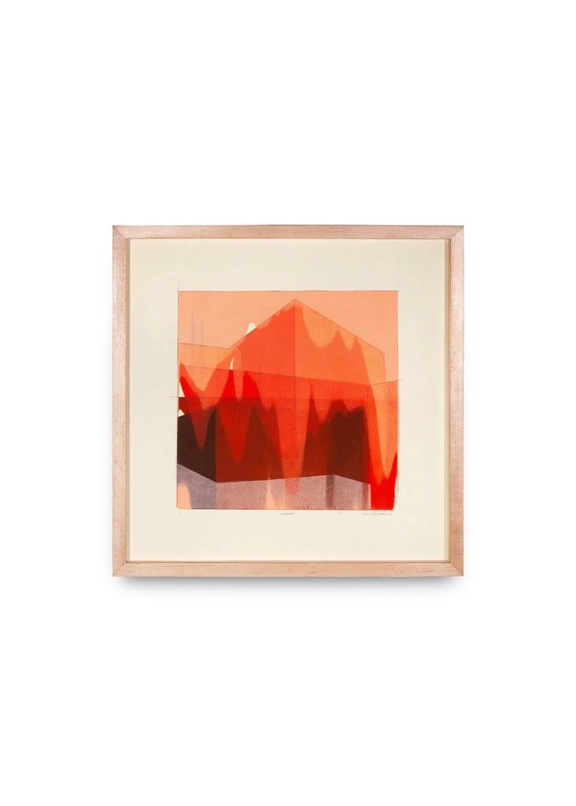 This is an abstract fine art mono screen print, by Anna Bryant that illustrates a modern, brutalist architectural building in red, pink, orange and brown inks and finished with color pencil details.