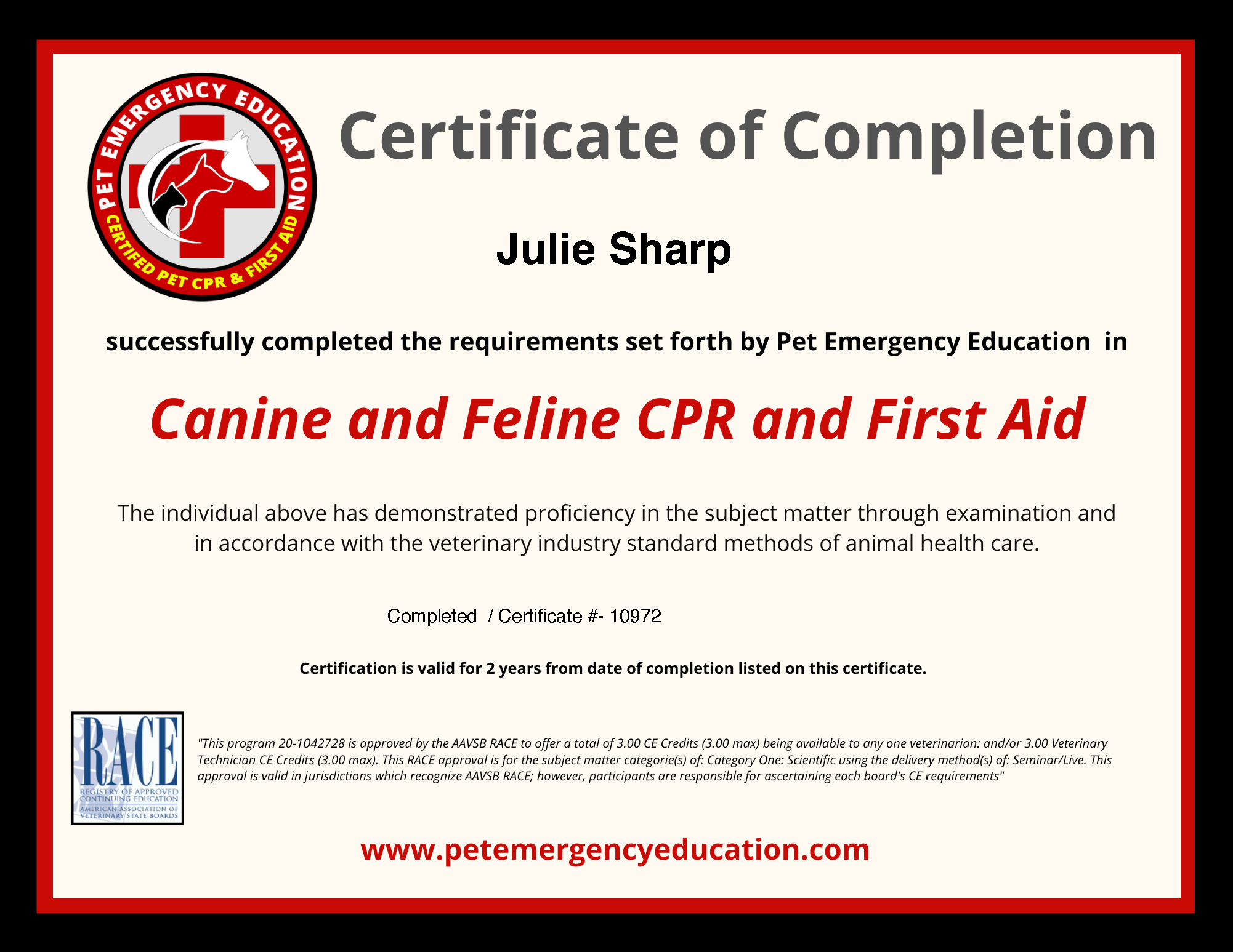 Certificate of completion awarded to Julie Sharp Sharp Dogs Seattle dog training and Canine and Feline CPR and First Aid training. The website www.petemergencyeducation.com