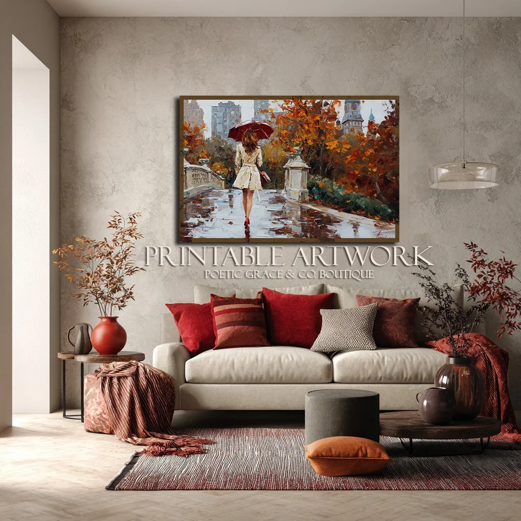 Stroll Through Autumn Rain – Abstract Expressionist Woman with Red Umbrella, Autumn Cityscape Wall Art